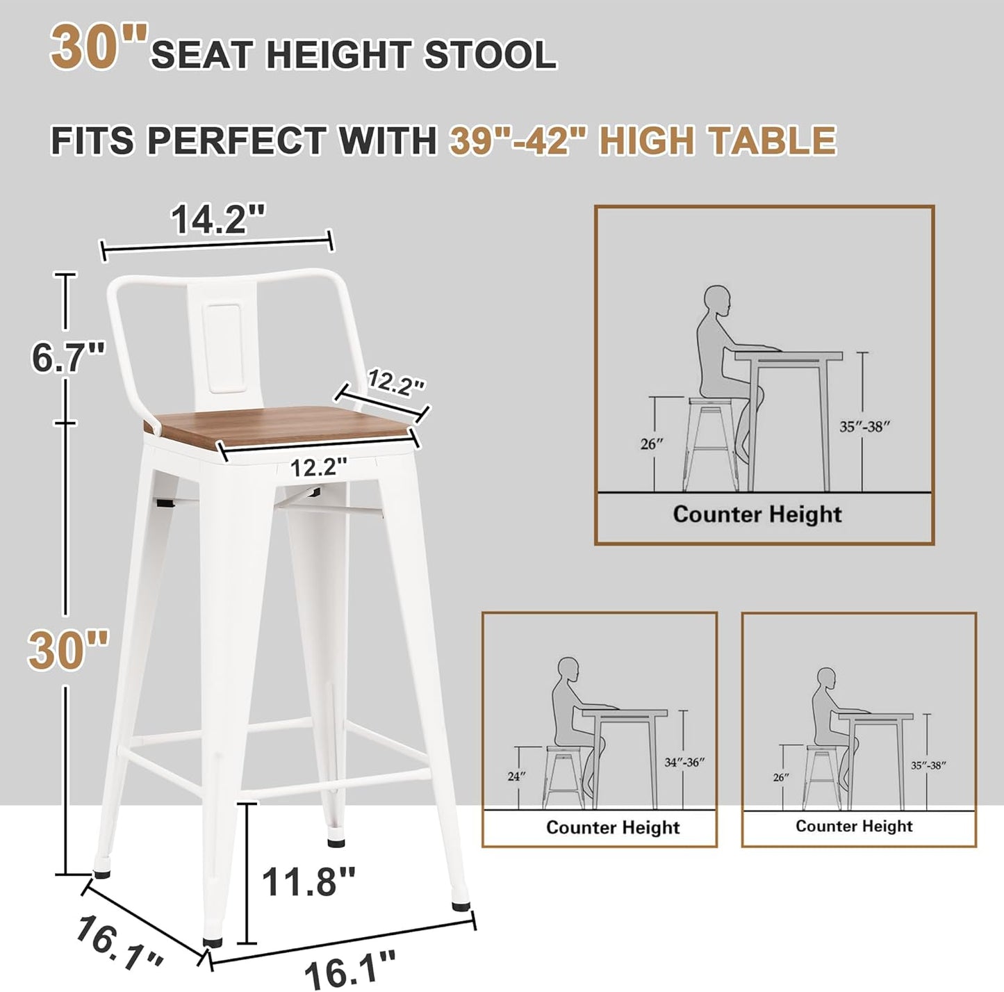 30 Inch Swivel Bar Stools Set of 4 with Backs Counter Height Industrial Metal Barstools Island Bar Chairs for Home Kitchen Dining Room (Swivel 30 inch, White Wooden)