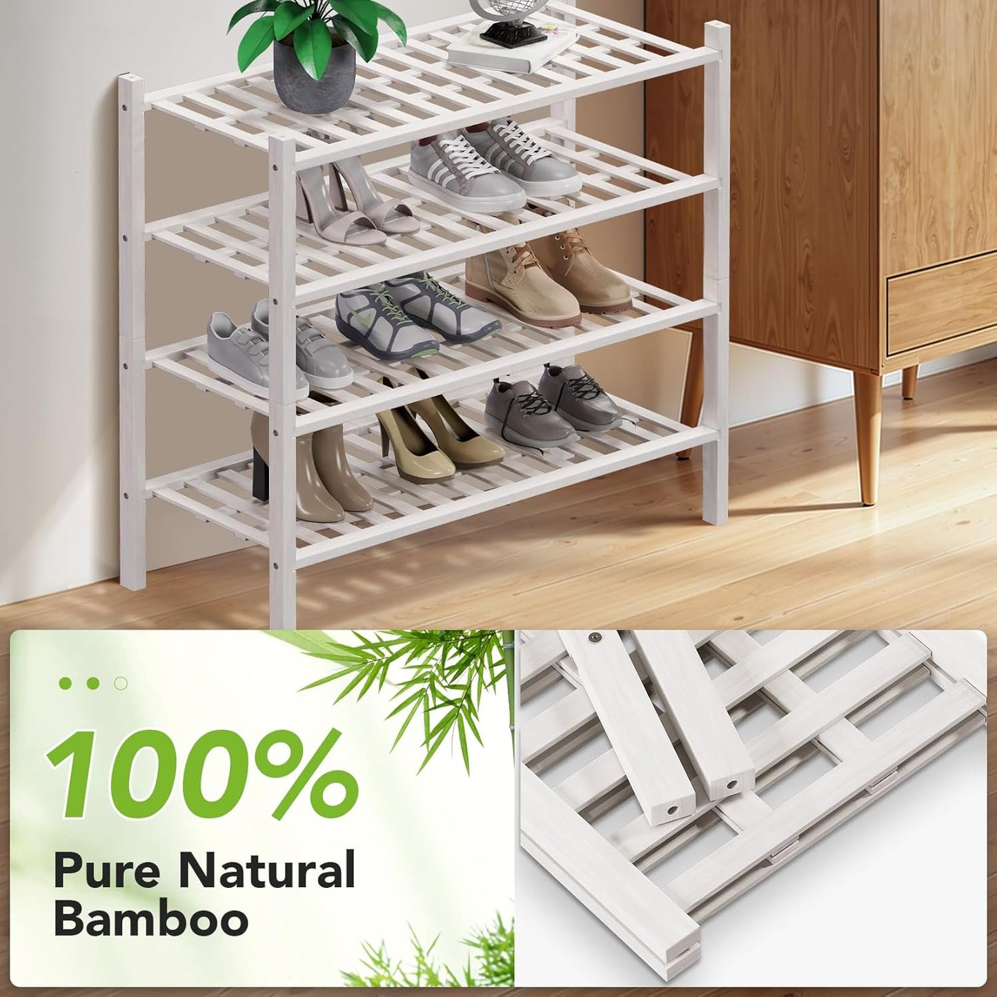 Haddockway 4 Tier Bamboo Shoe Rack Storage Organizer, Multifunctional Free Standing Stackable Shoe Shelf with Grid Panel for Closet,Hallway,Entryway,Small Space 27"x11"x26" (White, 4 Tier)