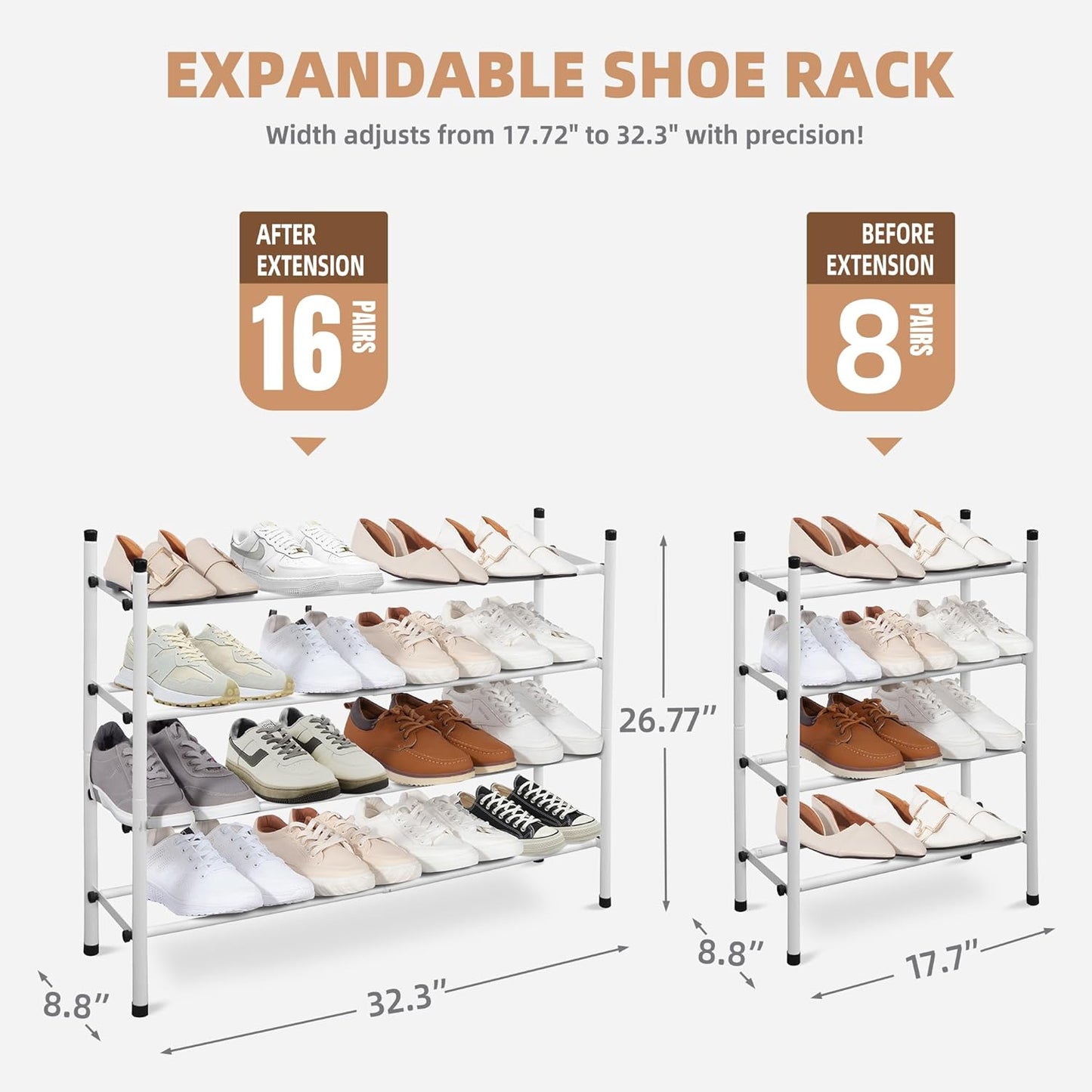 STORAGE MANIAC Expandable Shoe Rack, 16 Pairs Stackable Small Shoe Rack, Metal Adjustable Shoes Organizer for Closet, Entryway, Hallway, Garage, Front Door, Shoes Shelves, White 4 Tier