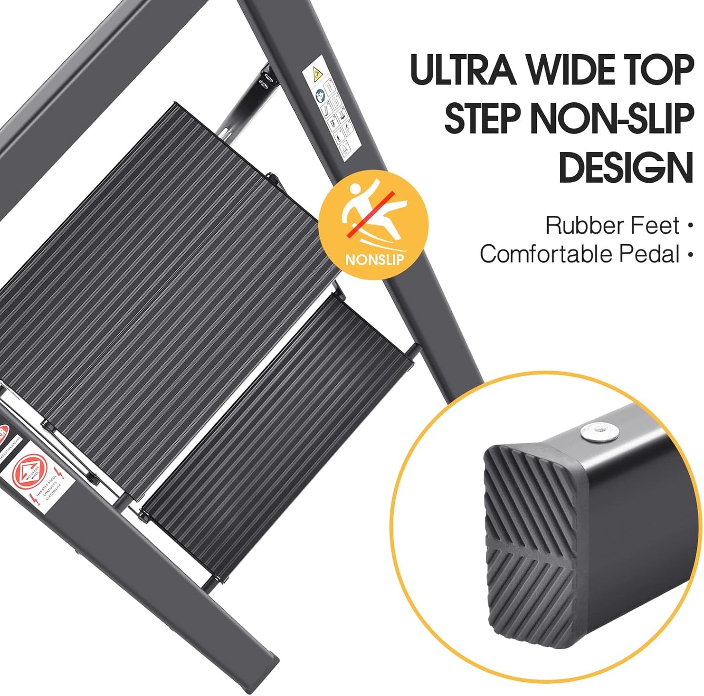 KINGRACK Step Ladder, 2 Steps, Folding Step Ladder with Handrail, Non-Slip Household Ladder with Folding Safety, Aluminium Step Stool, Maximum Load 150 kg, Black