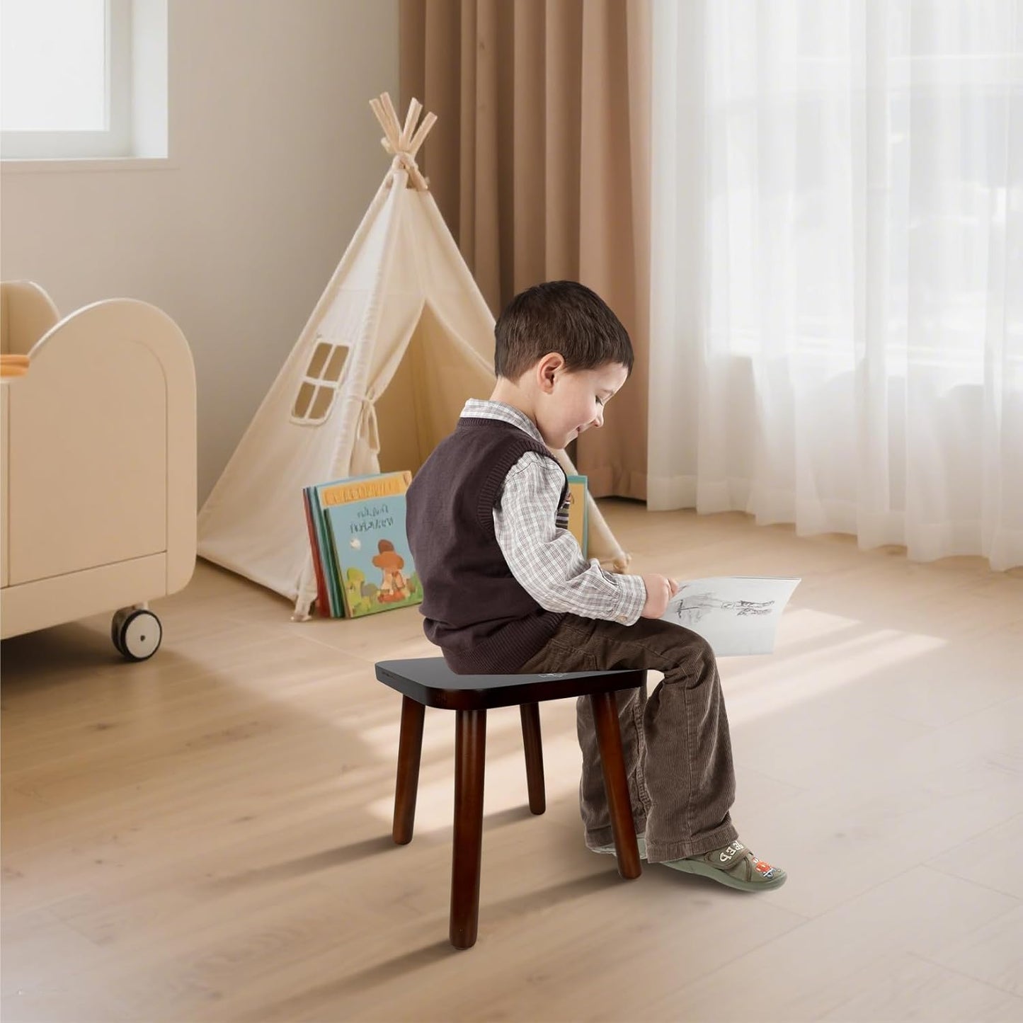 BEE&OAK Wooden Step Stools for Adults, Solid Rubber Wood Non-Slip Step Foot Stool, Heavy Duty 300 lbs One Step Stool for Bedroom, Bathroom, Kitchen,Outdoor (Dark-Walnut, 11" (D) x 11"(W) x 11.8"(H))