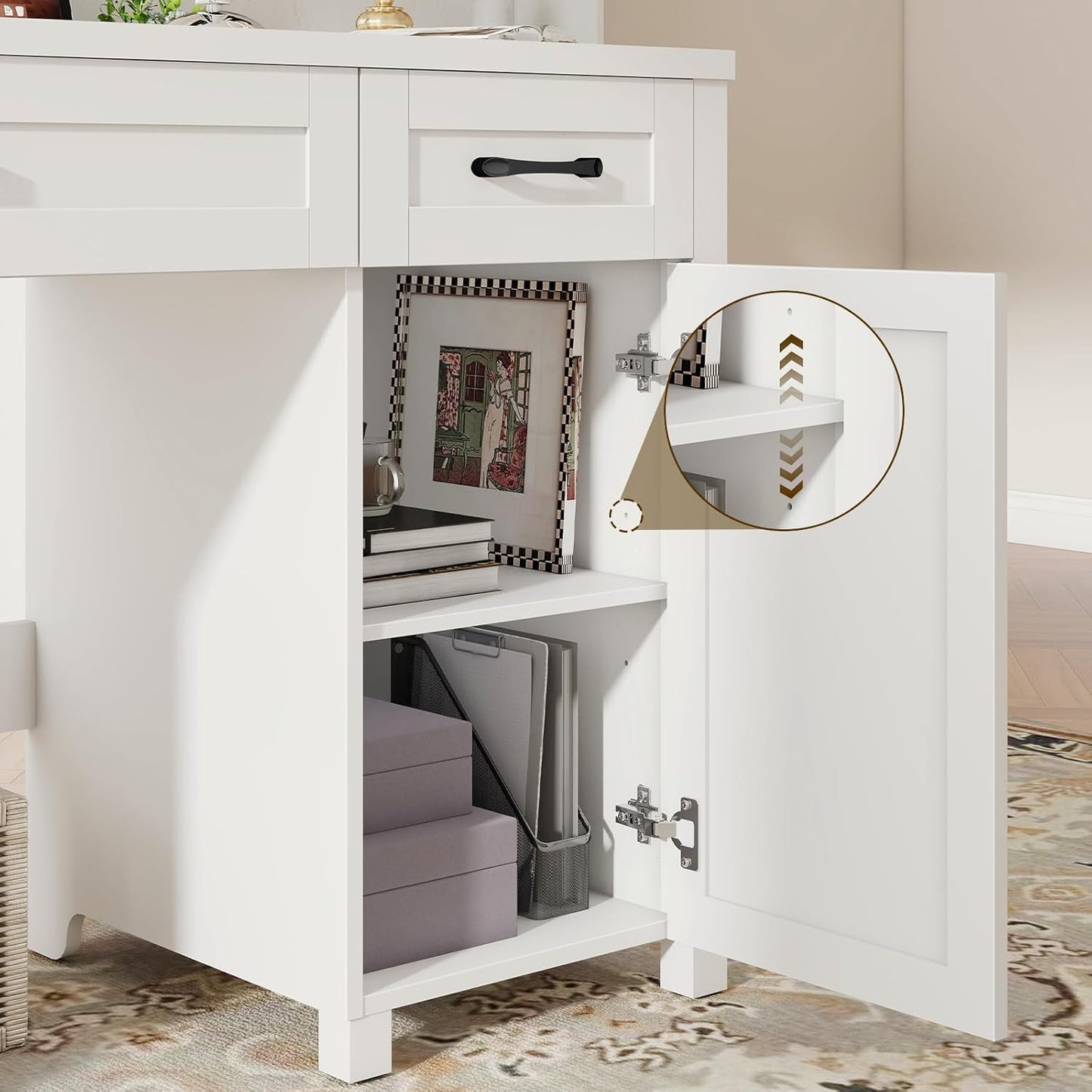 Farmhouse 47" Executive Desk, Computer Desk with Drawers and Storage Cabinet, Workstation Computer Desk for Home Office, Study.(Cream White)