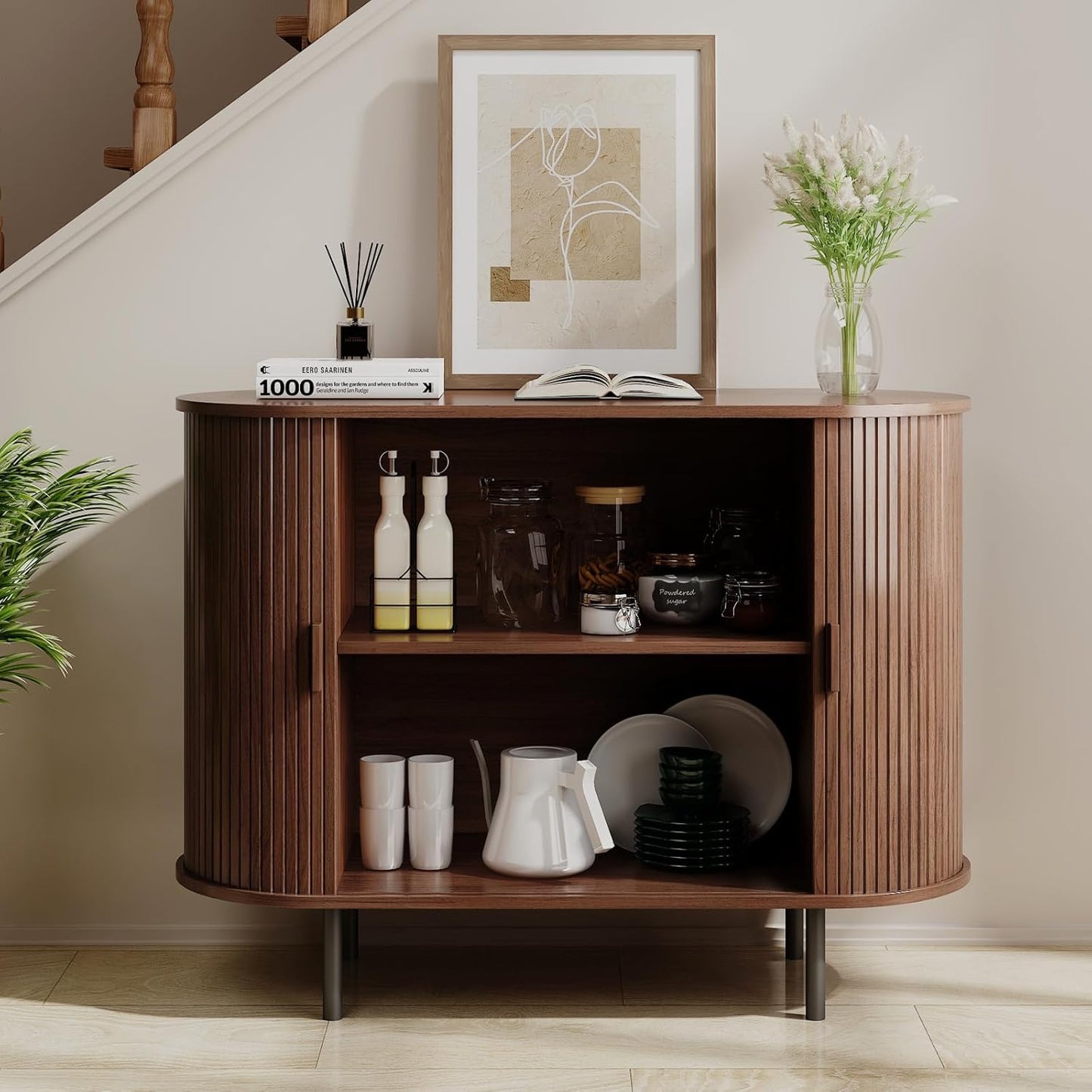 Buffet Sideboard Cabinet with Storage, 40" Fluted Cabinet with Sliding Door & Adjustable Shelf, Modern Accent Coffee Bar Console Table for Kitchen, Entryway, Walnut