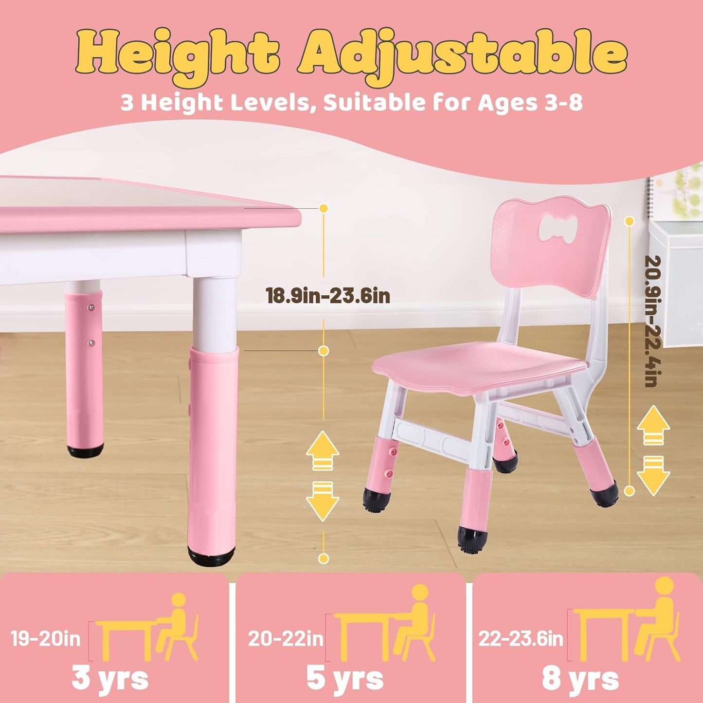 FUNLIO Kids Table and 4 Chairs Set for Ages 3-8, Height Adjustable Toddler Table and Chair Set, Easy to Wipe Arts & Crafts Table, for Classrooms/Daycares/Homes, CPC & CE Approved (5 pcs Set) - Pink