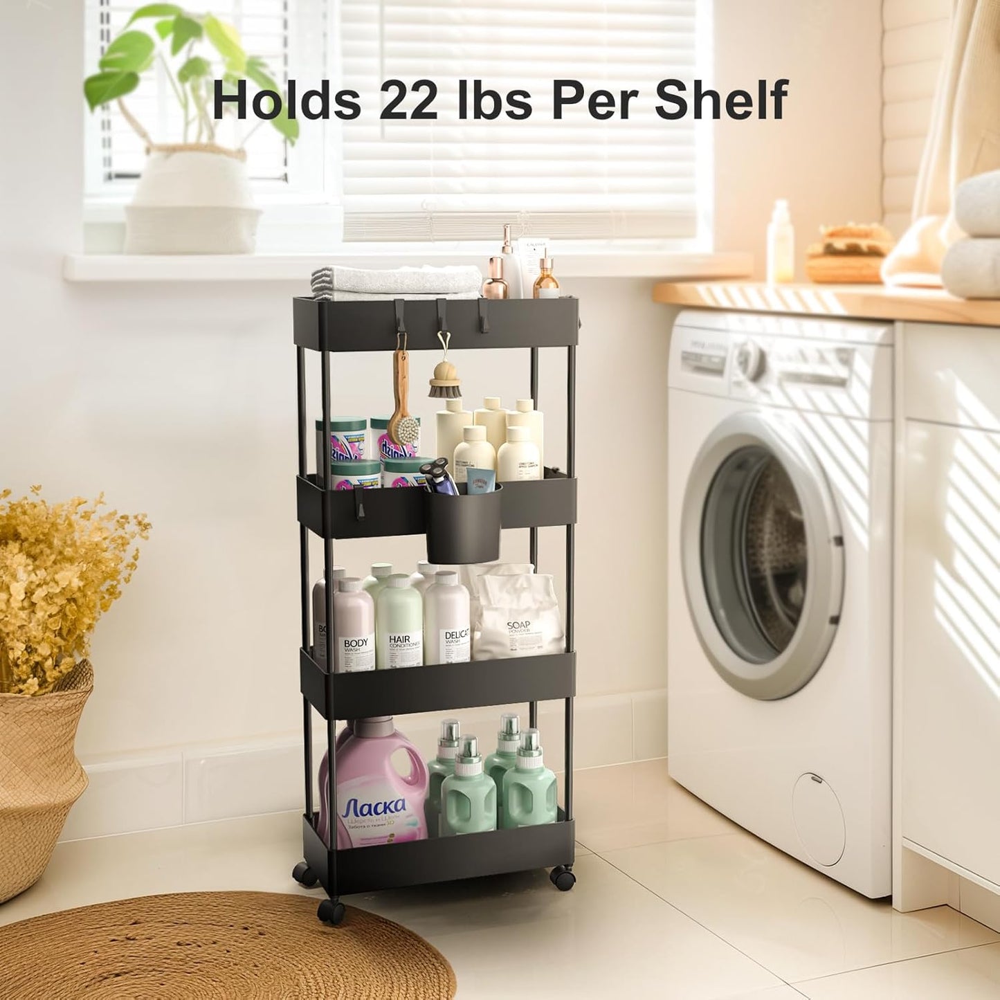 Pipishell Slim Storage Cart with Wheels - Bathroom Cart Organizer Storage, 4Tier Rolling Carts for Bathroom, Laundry Room, Kitchen, Narrow Space, Black PIUC05