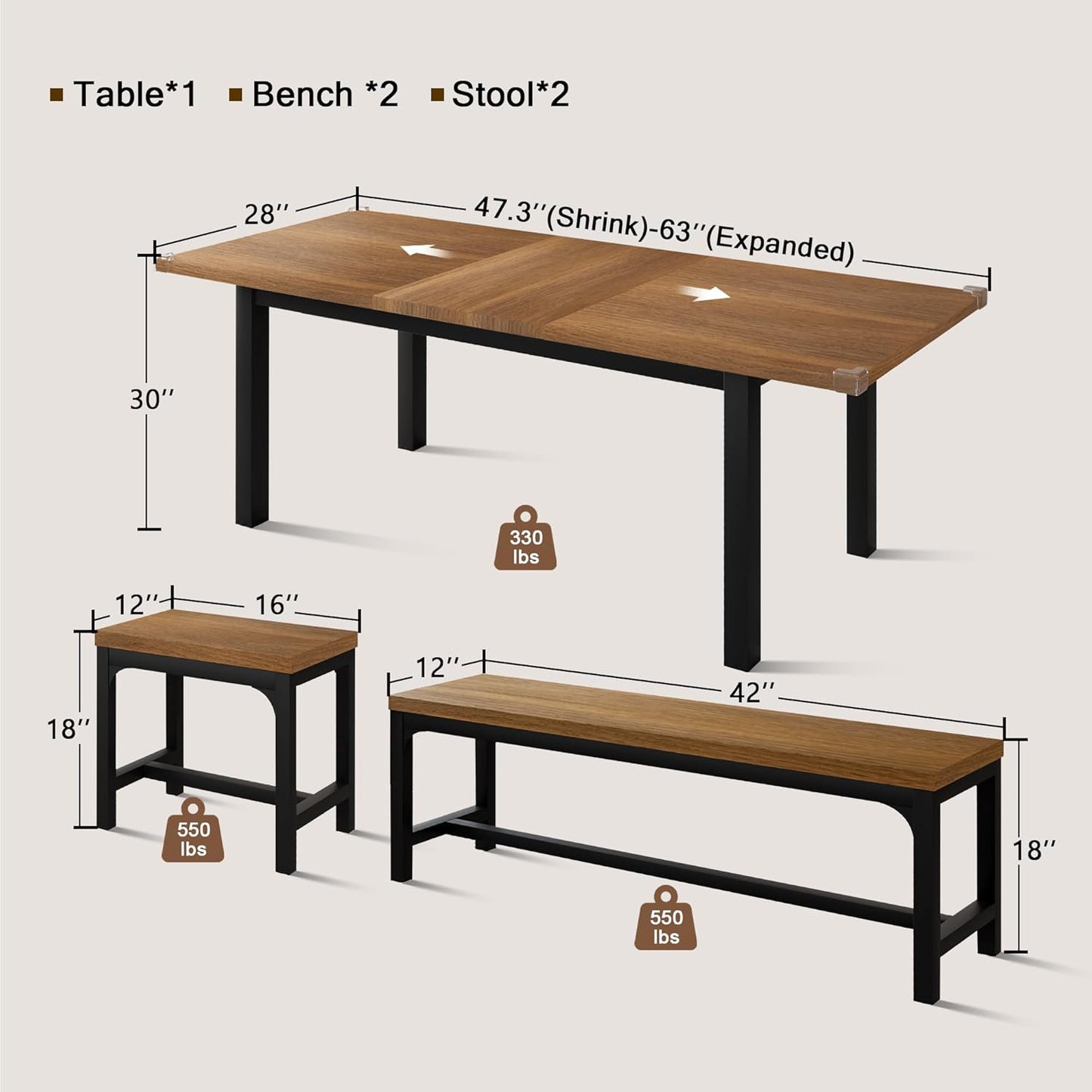 5 Pieces Dining Room Table Set for 4-6, 63" Extendable Kitchen Table Set with 2 Benches & 2 Stools, Small Dining Table Set with Metal Frame & MDF Board, Walnut
