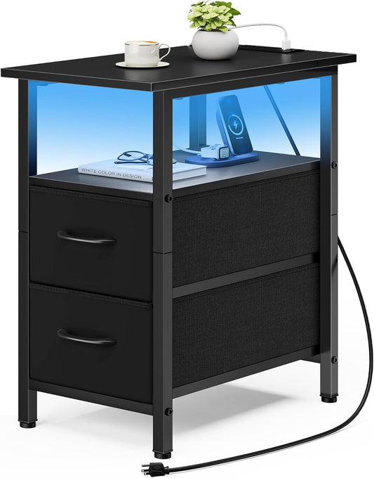 Vagusicc Black Nightstand with Charging Station and LED Lights, Narrow Side Table, LED Night Stand with 2 Fabric Drawers, Bedside Table with USB Ports and Outlets, Tall Nightstand for Bedroom, Black