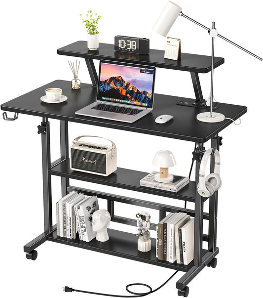 Adjustable Height Standing Desk with Power Outlets, Rolling Stand Up Desk with Monitor Stand and Storage Shelves, 31.5" Small Mobile Computer Desk, Portable Laptop Table (Black with Monitor Stand)