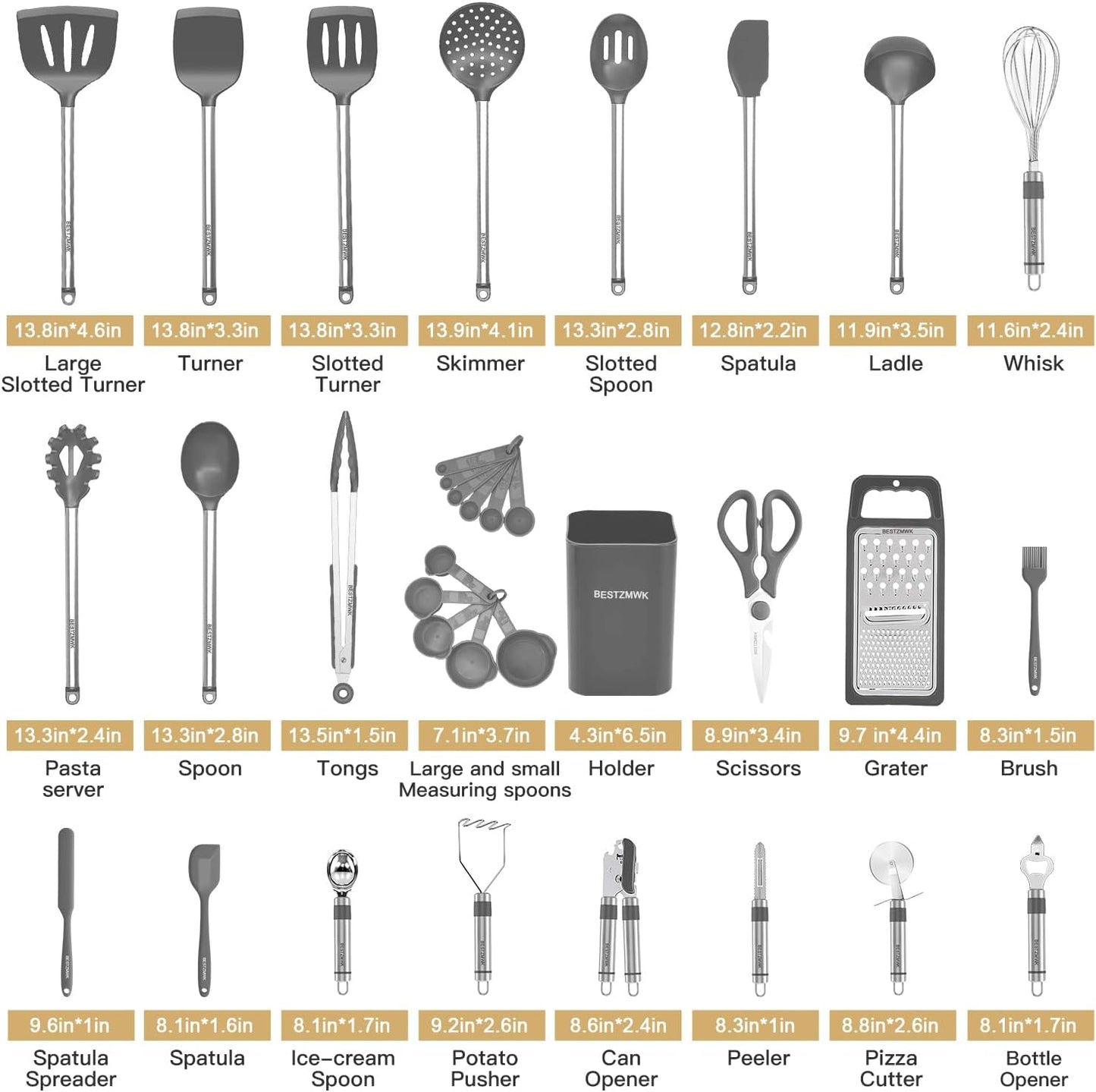 Kitchen Utensil Set-Silicone Cooking Utensils-33 Kitchen Gadgets & Spoons for Nonstick Cookware-Silicone and Stainless Steel Spatula Set-Best Kitchen Tools, Useful Pots (Grey)