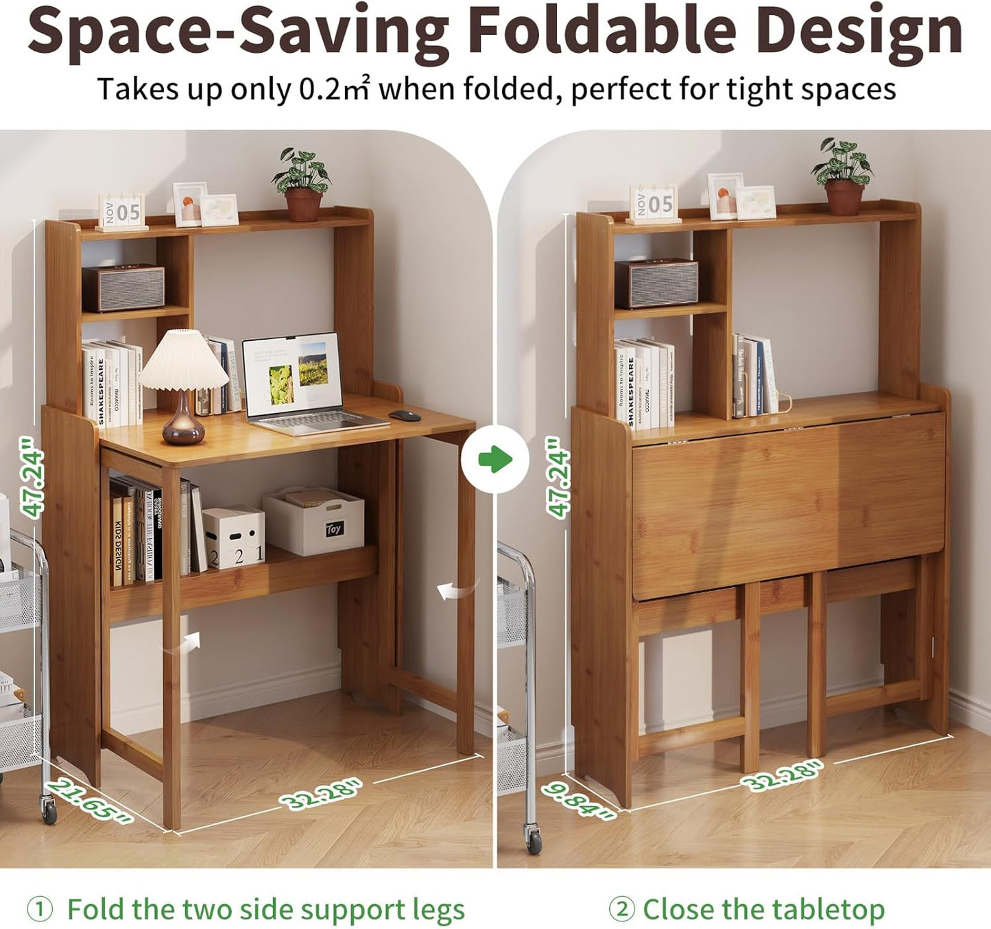Bamboo Folding Desk with Storage Rack Mid Century Modern Desk for Home Office Bedroom Small Spaces, Brown