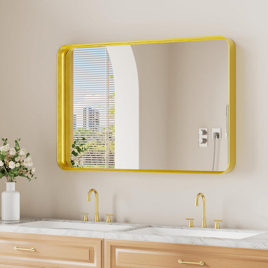 Koonmi Gold Wall Mirror for Bathroom, 24x36 Inch Matte Deep Framed Rounded Rectangle Vanity Mirror for Farmhouse Living Room, Tempered Glass, Anti-Rust, Vertically or Horizontally