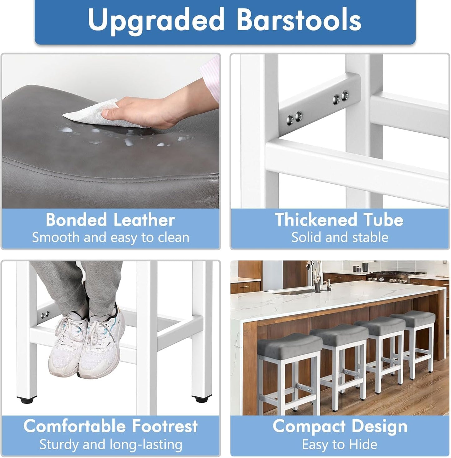 Counter Height Bar Stools Set of 3, 24 Inch Barstools for Kitchen Island Counter, Bonded Leather Kitchen Stools with Thick Saddle Seats & Heavy Duty Metal Base, Easy Assembly, Gray/White