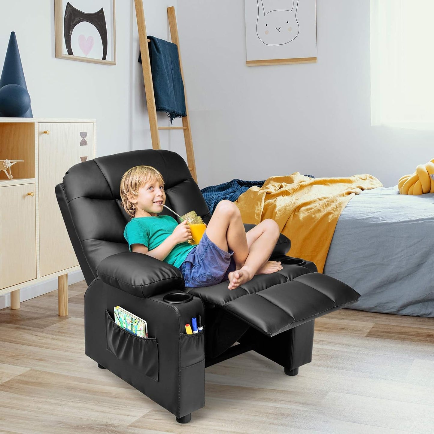 Costzon Kids Recliner Chair with Cup Holder, Adjustable Leather Lounge Chair w/Footrest & Side Pockets for Children Boys Girls Room, Ergonomic Toddler Furniture Sofa, Kids Recliner (Black)