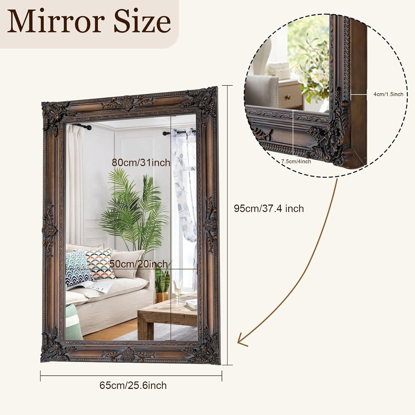 Antique Decorative Mirror, 37.4''x25.6''Vintage Mirror with Ornate Bronze Wood Frame, Decorative Wall Mirrors for Entryway, Living Room, Bathroom