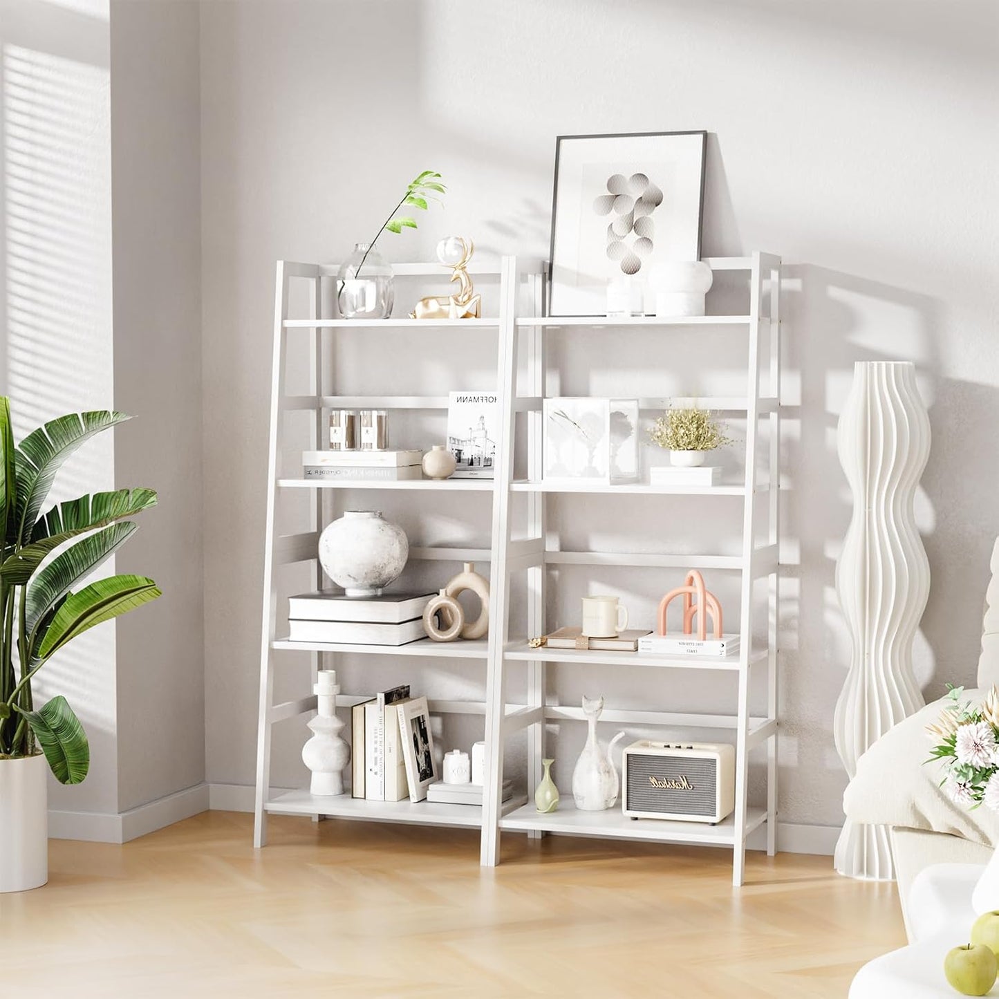 HITNET Ladder Shelf, 4 Tier Bookshelf, Floor Standing Bathroom Storage Rack with Bamboo Frame, Home Office Open Display Bookcase, White