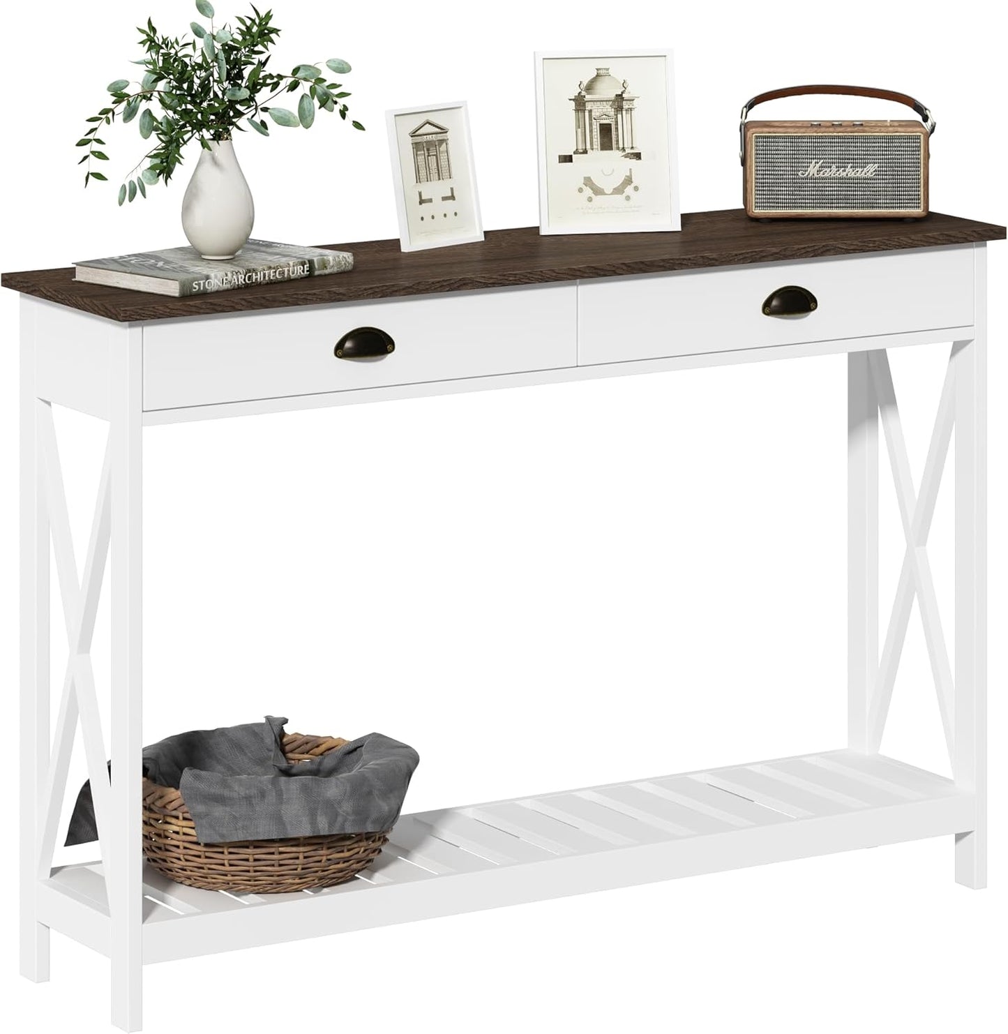 ChooChoo 47" Farmhouse Console Table with Drawer for Entryway, Narrow Long Entry Table with Shelf for Living Room, Rustic Vintage Hallway Sofa Table with Stable X Supports, White