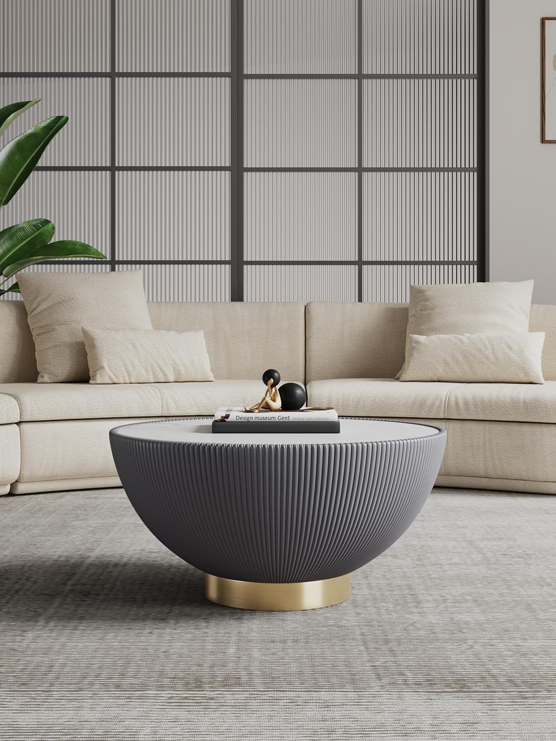 Manhattan Comfort Anderson Modern 28.15" Round Coffee Table 2.0 - Ceramic Marble Tabletop, Elegant Pleated Leatherette Details & Gold Base, Fully Assembled Accent Furniture, Set of 1, Grey