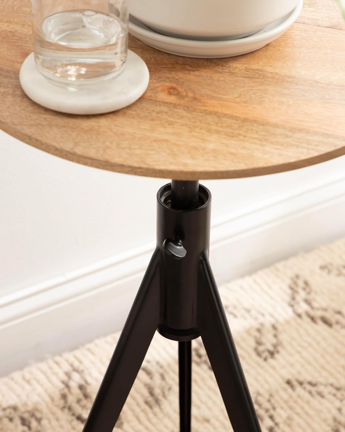 Kate and Laurel Keres Modern Adjustable-Height Round Tripod Side Table, 16 x 16 x 28, Natural Wood and Black, Transitional Circle End Table for Use as Indoor Plant Stand or Bedroom Nightstand