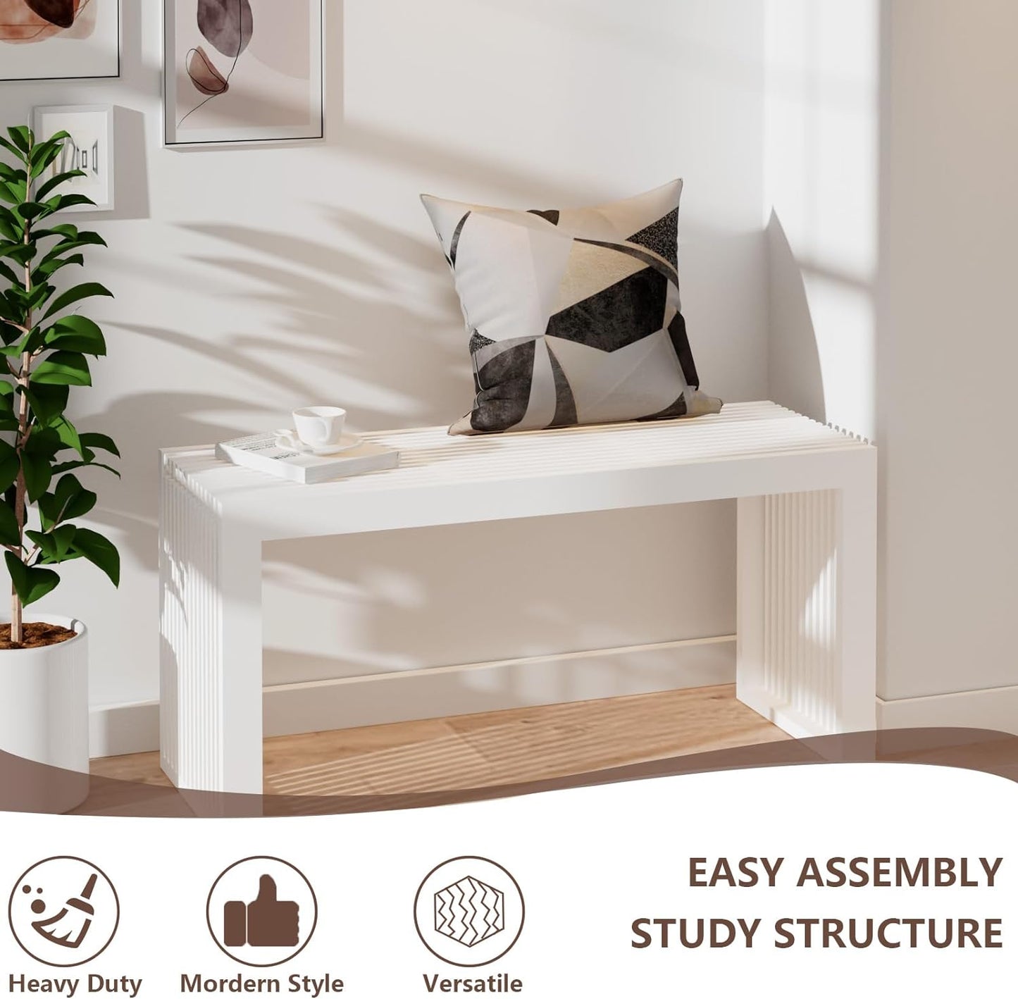 Bamboo Dining Bench Indoor Long Entryway Shoe Rack Benchs,Outdoor Modern Wood Benches 35 Inch Bamboo Bench for Living Room Hallway Bedroom Bathroom White