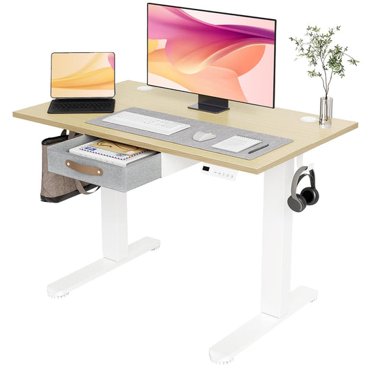 Seang Standing Desk with Drawer, 40" x 24" Height Adjustable Stand Up Desk, 3 Memory Height Settings with Cable Grommets & Storage Hooks, Ideal for Home & Office, Nature