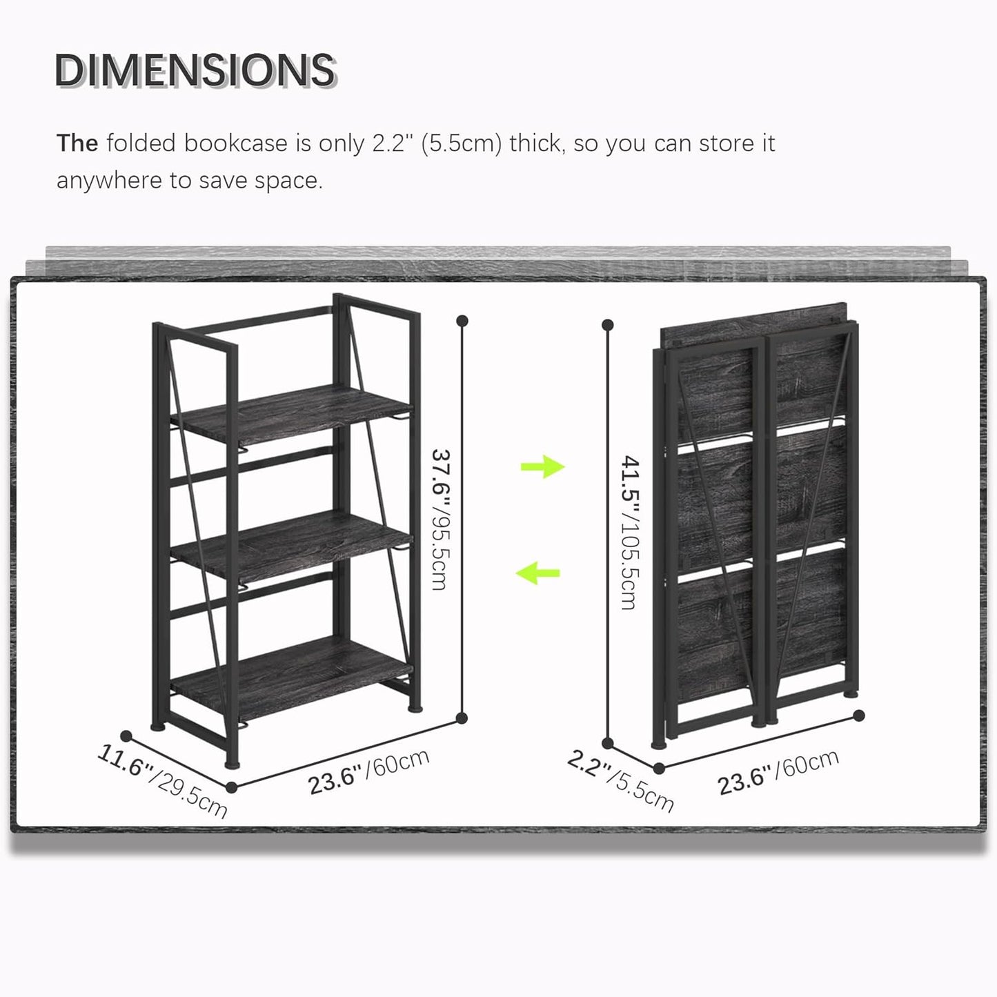 4NM No-Assembly Folding Bookshelf Storage Shelves 3 Tiers Vintage Bookcase Standing Racks Study Organizer Home Office (Gray Black)