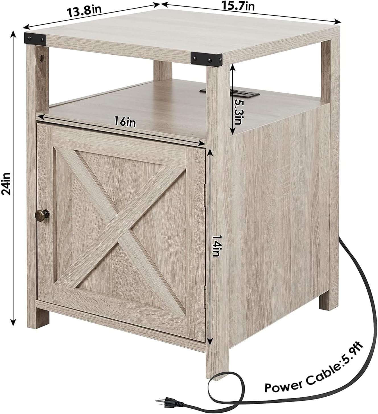 Farmhouse Nightstand with Charging Station, Rustic End Table Bedroom with Storage Living Room Side Table Beige Night Stand Industrial Bedside Bed Table with USB Ports and Outlets