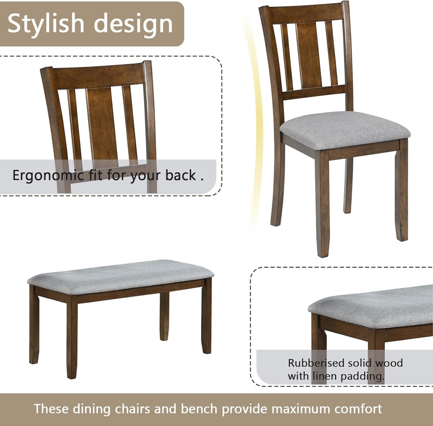 soges 6 Piece Kitchen Dining Table Set, Wooden Dining Table with 4 Upholstered Chairs and a Bench for 6 People, Living Room, Home and Kitchen, Table Chairs Set, Walnut