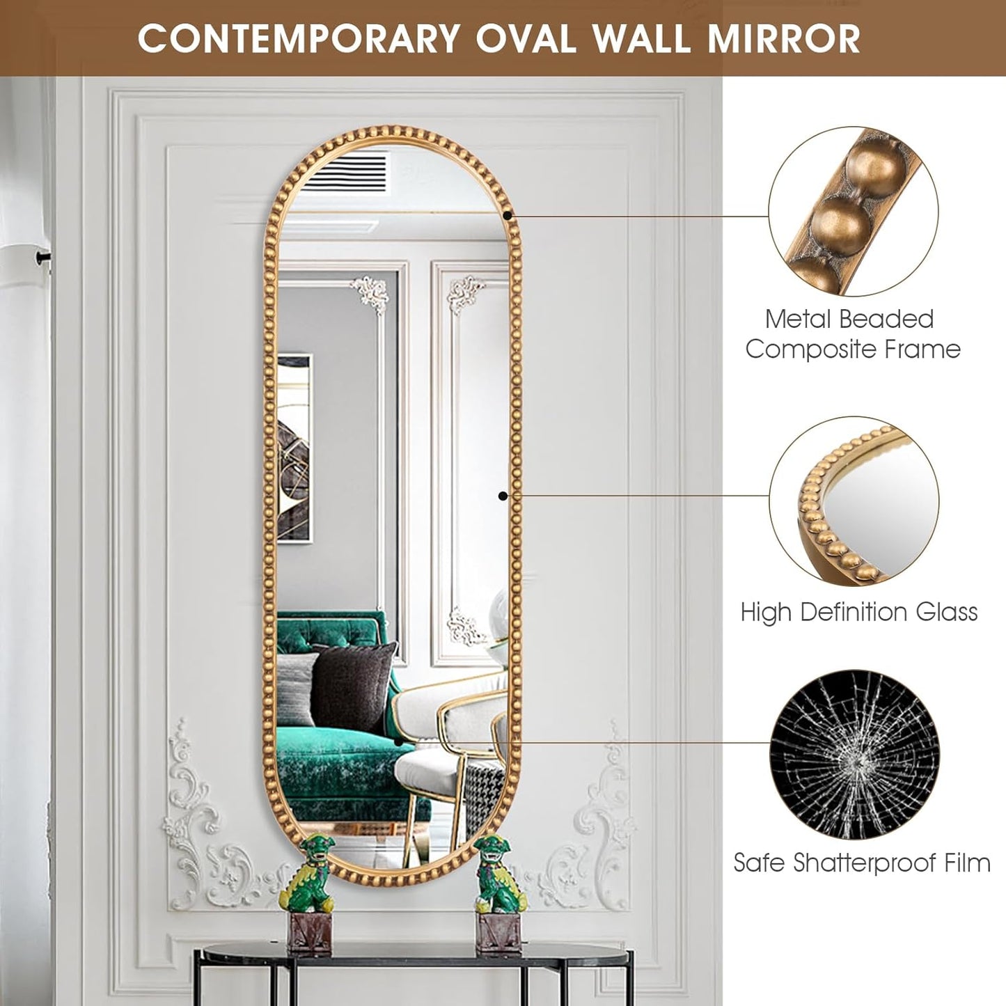 Oval Full Length Mirror, 16"x47" Metal Beaded Frame Large Hanging Dressing Floor Mirror for Bedroom, Living Room, Entryway, Antique Gold (No Stand)