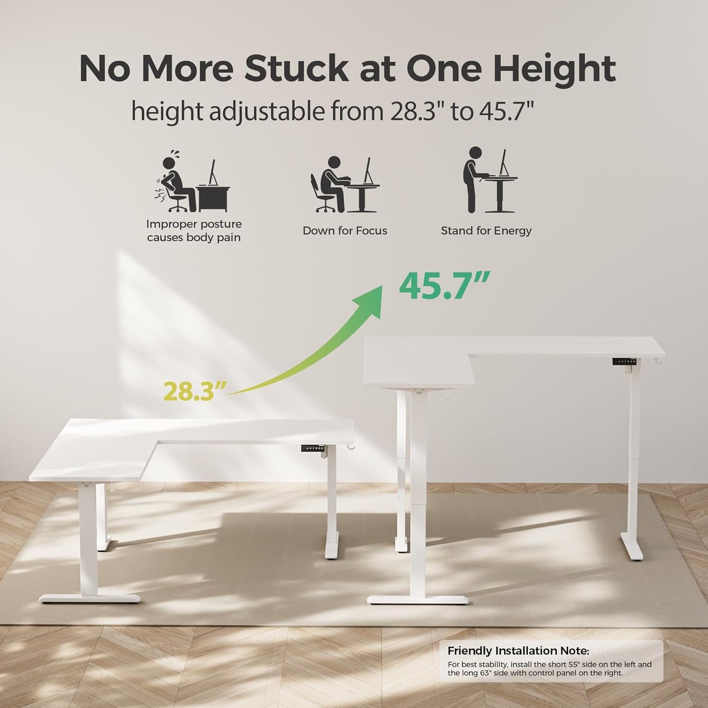 Agilestic 63 x 55 Inch L Shaped Standing Desk Adjustable Height, Corner Standing Desk, Sit Stand Up Computer Table, Splice Board, White