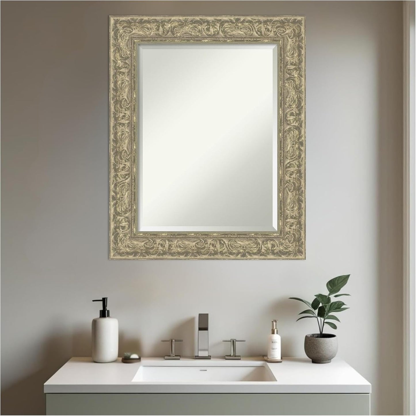Amanti Art Silver Bathroom Mirror for Over Sink, 31x25 Luxe Antique Silver Rectangle Vanity Mirror, Medium Traditional Frame, Hangs Horizonally and Vertically, Bathroom Wall Decor, Beveled Edge