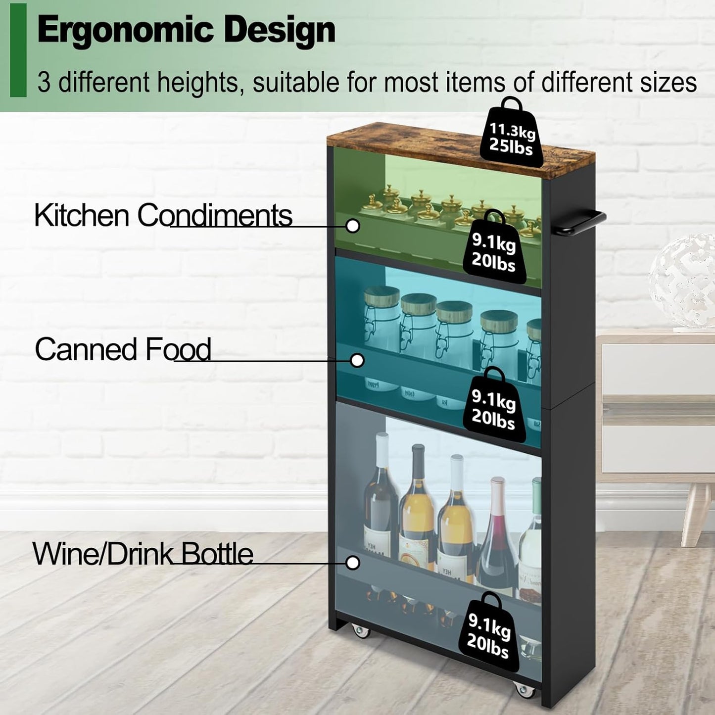 MARTY Rolling Storage Cart 4-Tier Black Kitchen Cart with Wheels, Slim Storage Cart with Handle Slide Out Utility Cart Shelving Unit Organizer Trolley for Laundry Narrow Places Bathroom Small Corner