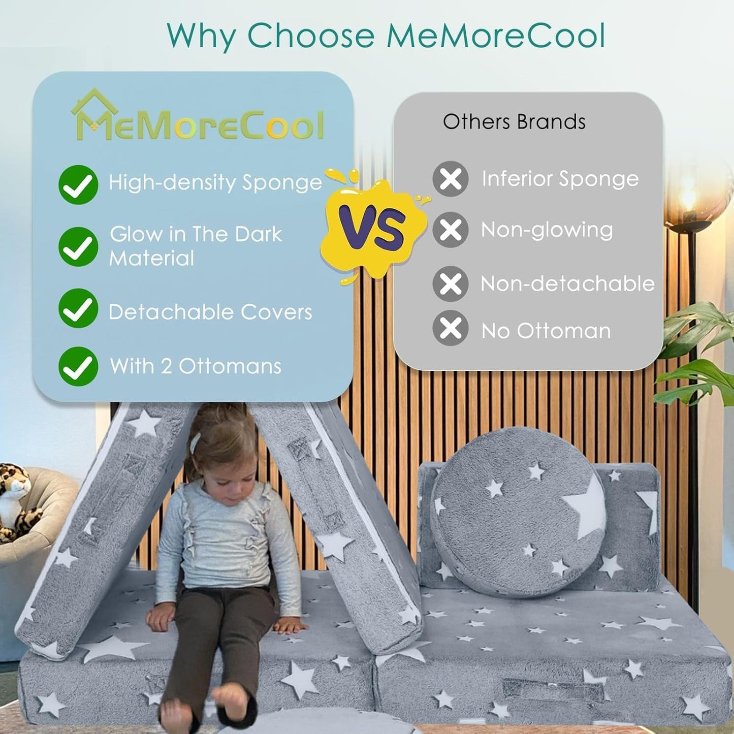 MeMoreCool 8-Piece Kids Modular Play Couch — Glow-in-The-Dark Star Foam Sofa Set for Toddlers, Convertible Fort Building & Climbing Furniture with Washable Covers, Playroom & Indoor Activity Set