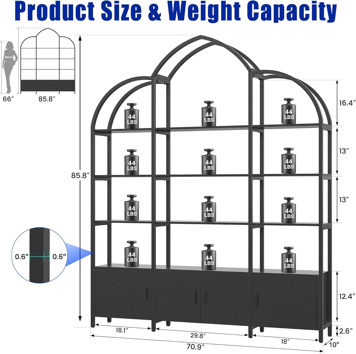 Triple Wide 5 Tier Tall Arched Bookshelf and Bookcase with 3 Cabinets, Industrial Metal Etagere Open Bookshelf, Wood Standing Book Shelf with Black Metal Frame for Bedroom Living Room