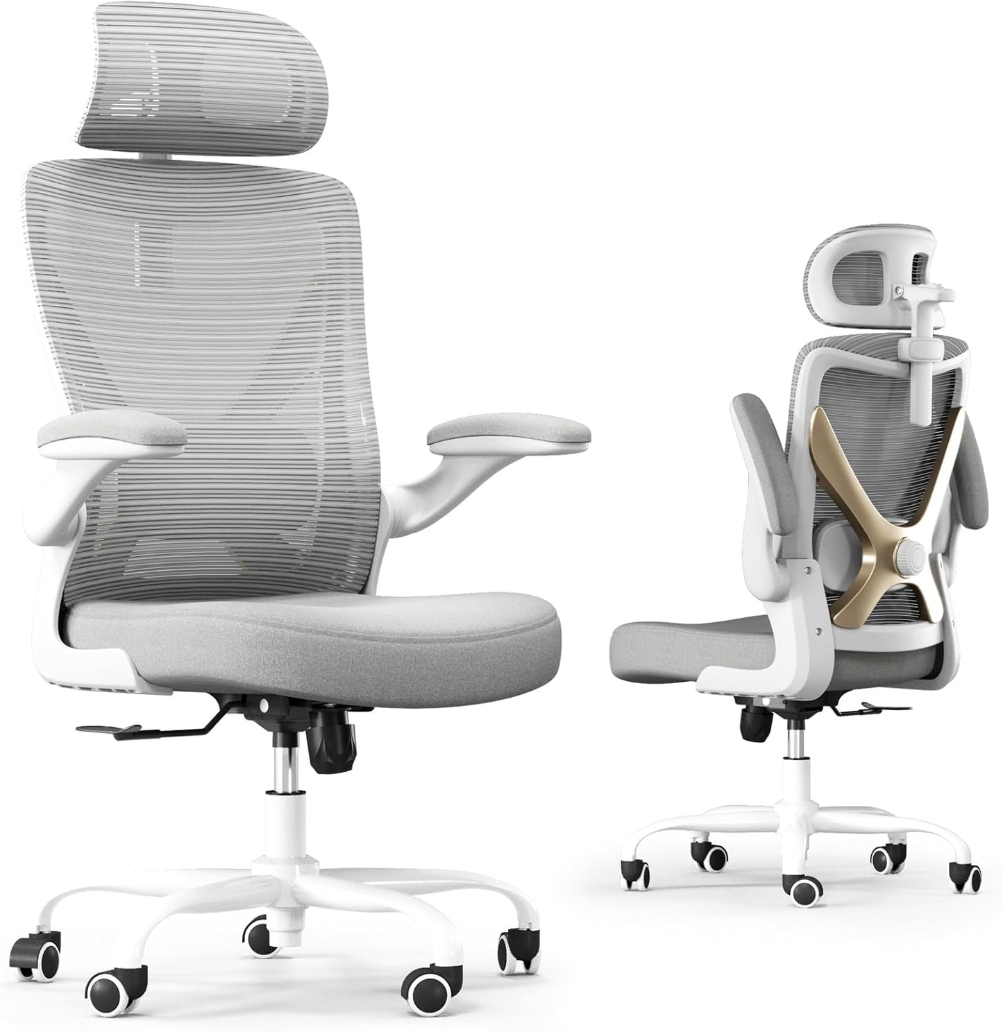 Ergonomic Office Chair - X-Shaped Computer Desk Chair Comfy, Gaming Chair, Office Chair with Lumbar Support, Mesh Office Chairs with Headrests, Desk Chair for Long Hours (Grey Gold)