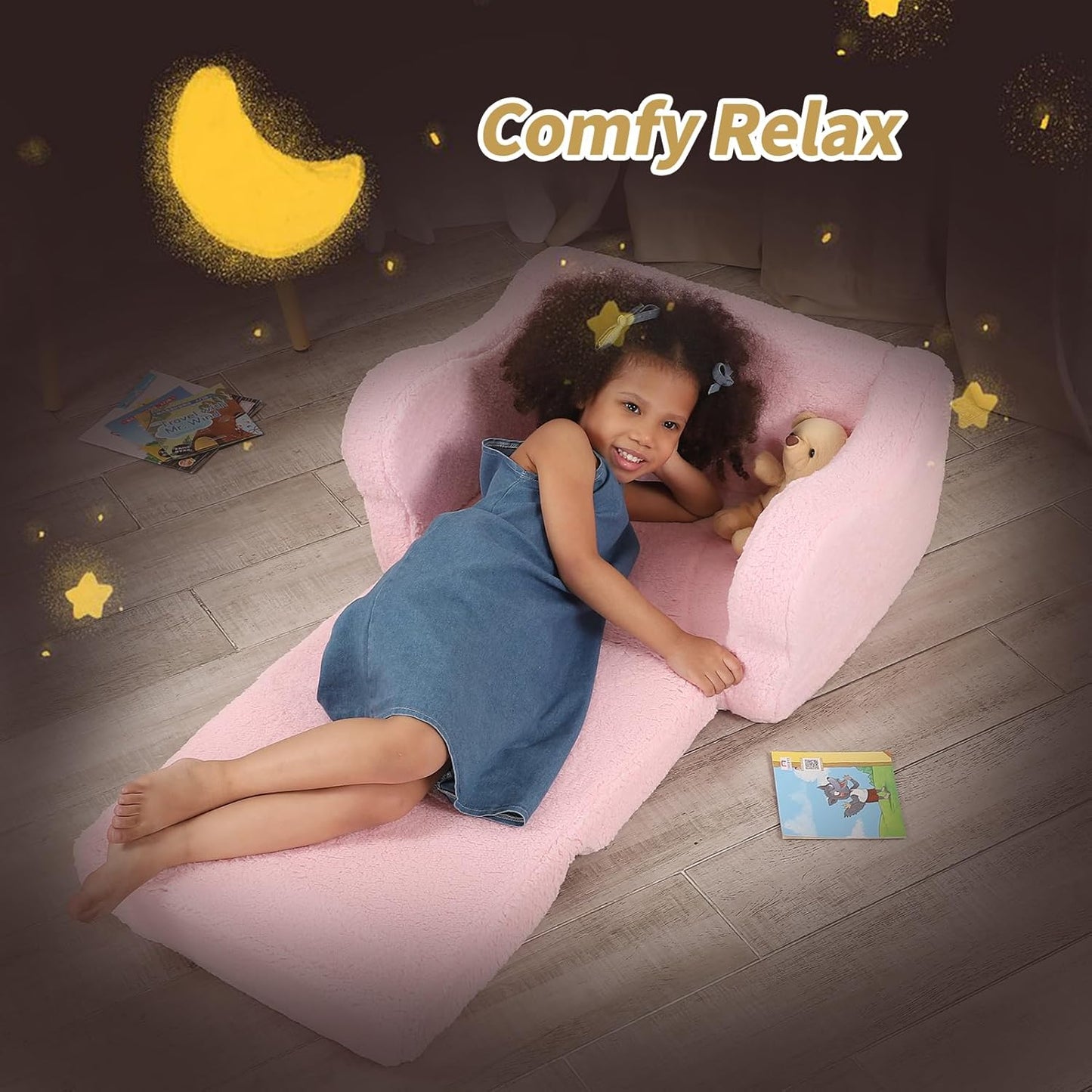 Comfy Toddler Chair, 2-in-1 Toddler Couch Fold Out, Convertible Sherpa Sofa to Lounger for Boys & Girls, Pink