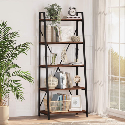 BON AUGURE Ladder Shelf Bookcase, 5-Tier Industrial Ladder Bookshelf, Tall Living Room Shelves, Wood and Metal Leaning Shelf for Home Office, Kitchen, Bedroom, Balcony (Rustic Oak)