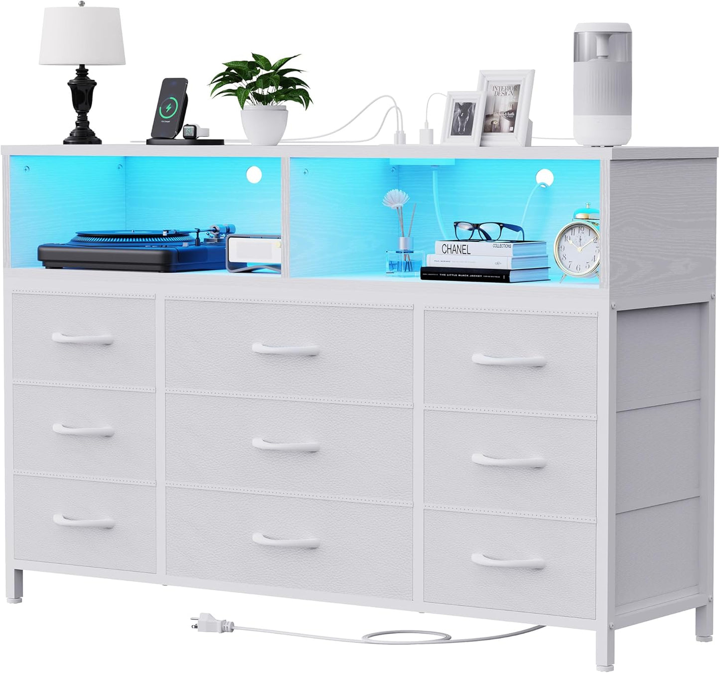 White Dresser for Bedroom, Led Dresser TV Stand with Power Outlets and LED Lights, Long Fabric Dressers Wide Chest of Drawers with Large Organizer for Living Room, Entryway, Hallway,White