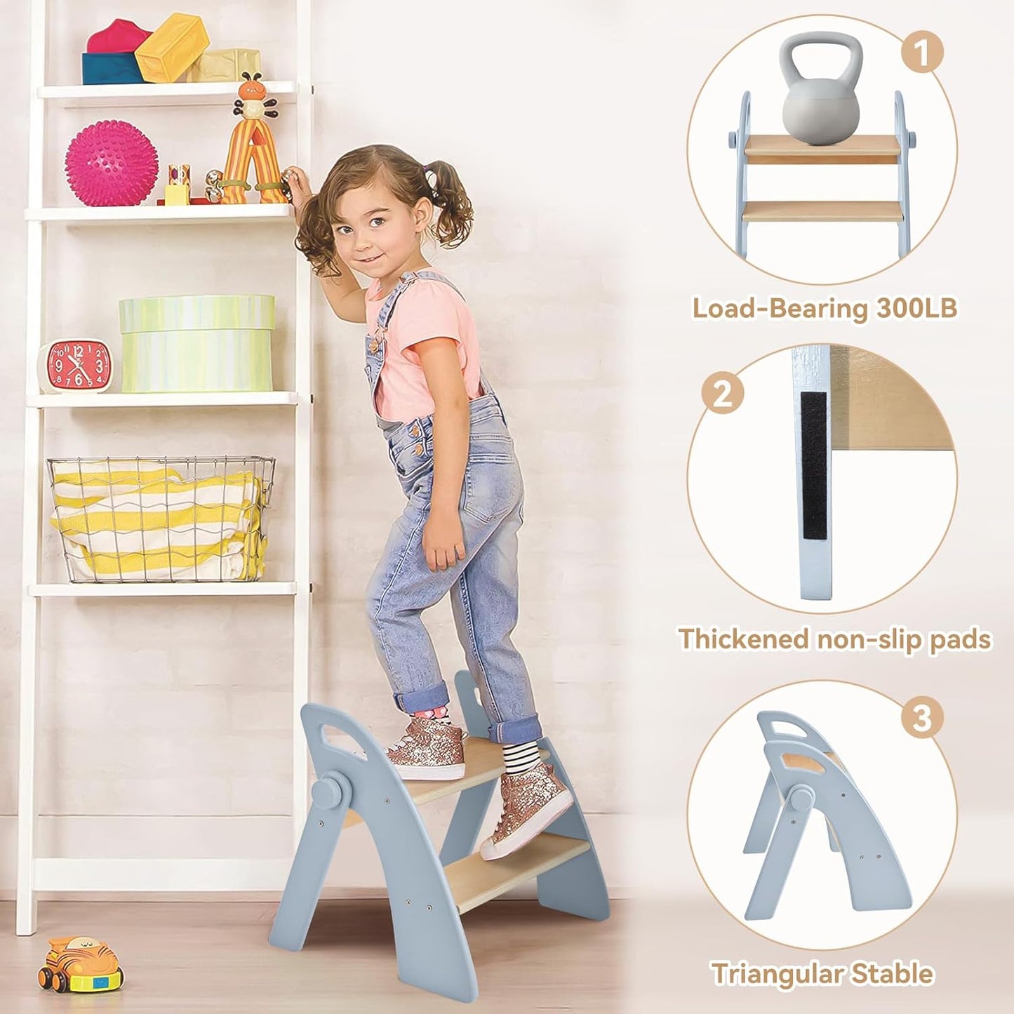 Wooden 2 Step Stool for Kids Bathroom Sink Foldable Anti-Slip 2-Step for Toilet Potty Training, Child Stepping Stool for Kitchen Nursery Bedroom, Sturdy Non Slip Adult Stool for Closet Blue