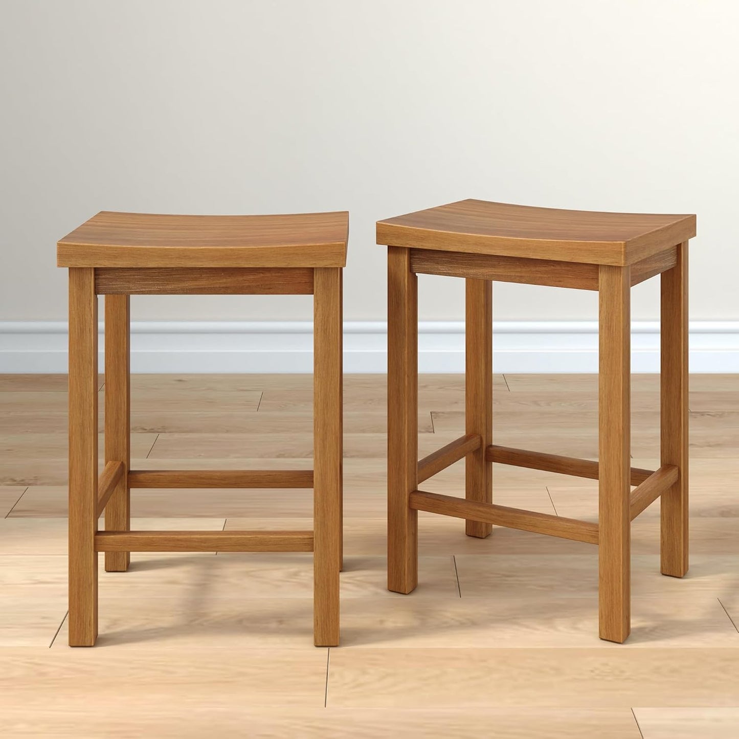 Grain & Grove Smith Collection Set of 2 Solid Wood Counter Height Bar Stools, 24-Inch Saddle Seat Backless Stools, Ideal for Kitchen Island, Dining, or Home Bar Seating, Pecan
