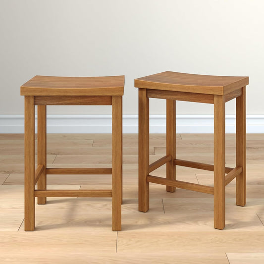 Grain & Grove Smith Collection Set of 2 Solid Wood Counter Height Bar Stools, 24-Inch Saddle Seat Backless Stools, Ideal for Kitchen Island, Dining, or Home Bar Seating, Pecan