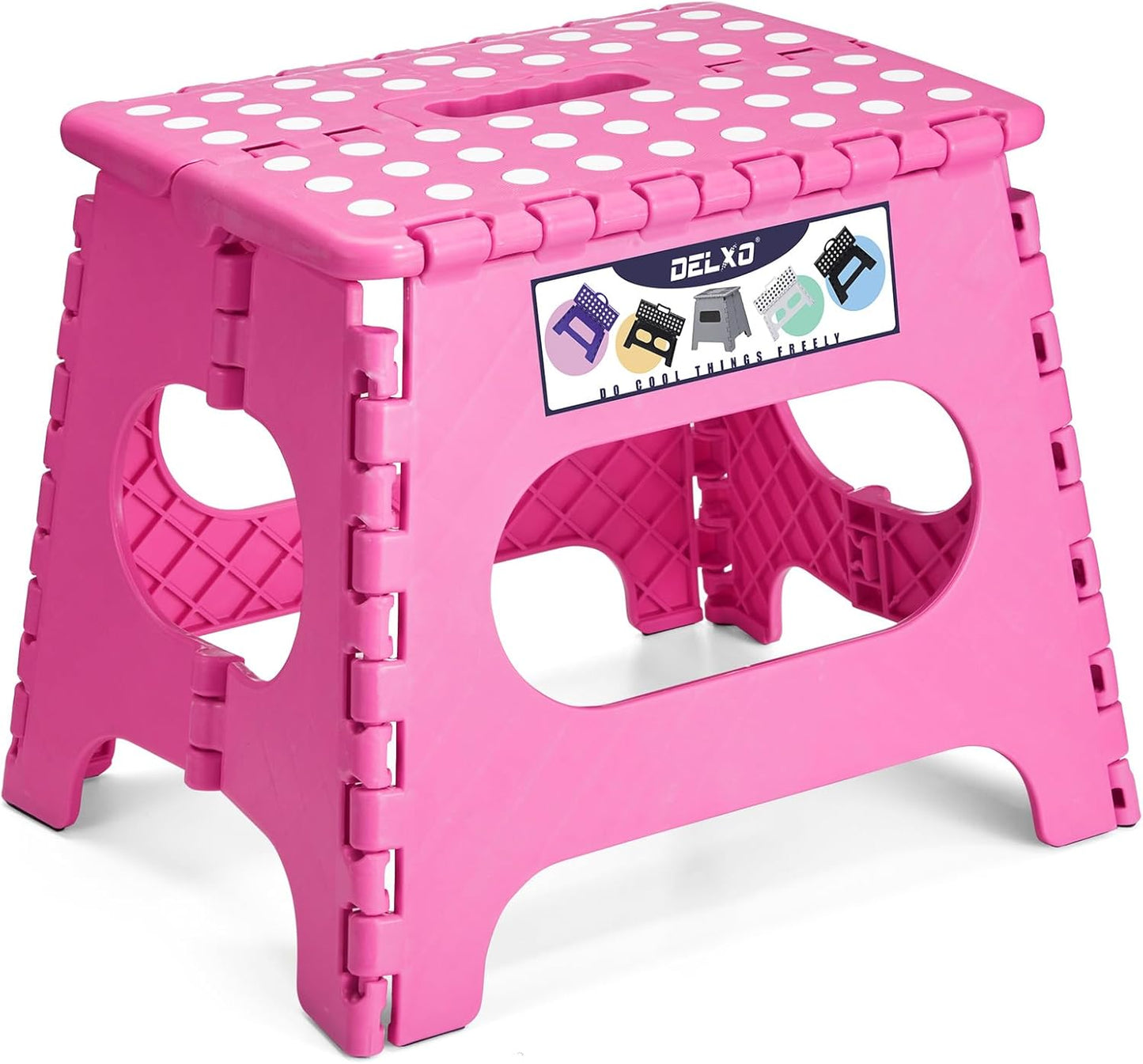 Delxo Folding Step Stool,11 Inch Non-Slip Foldable Step Stools,Portable Lightweight Small Folding Stool with Handle for Kitchen Bathroom in Pink,1 Pack