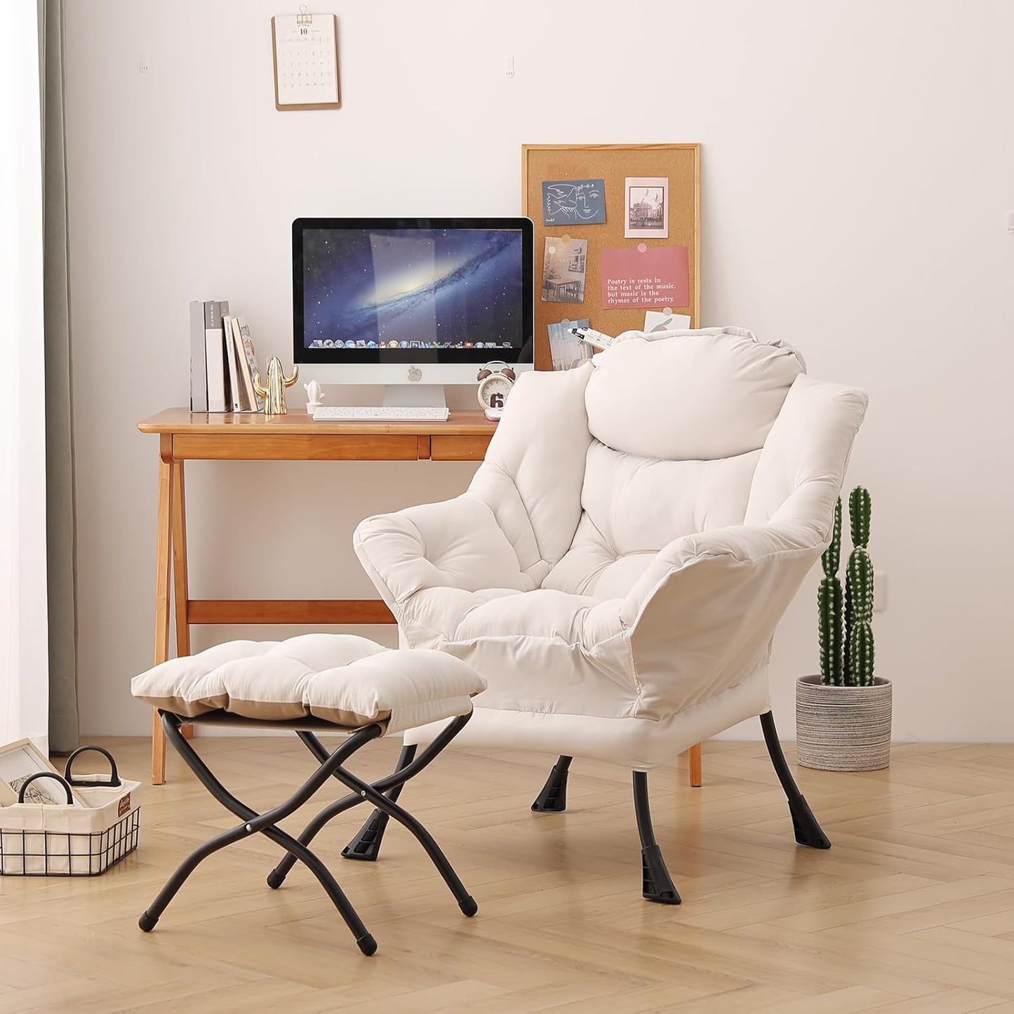 Lazy Chair with Ottoman, Modern Chair with Folding Footrest, Lounge Accent Chair, Comfortable Reading Chair, Oversized Armchairs for Bedroom, Study, Living Room, Courtyard (Beige