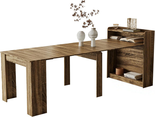 Expandable Dining Table, Convertible Table for Dining Room, Kitchen and Small Spaces, for 2-7 People(with Storage Shelf), Barnwood Brown