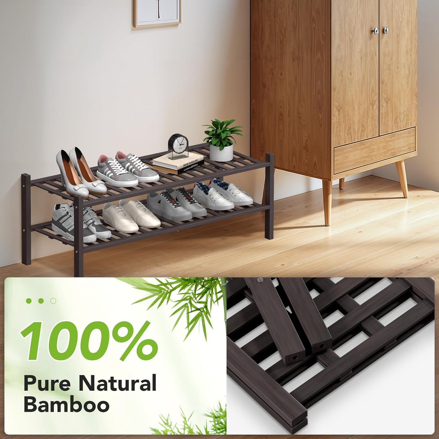 Haddockway Long 2 Tier Bamboo Shoe Rack Storage Organizer, Multifunctional Free Standing Stackable Shoe Shelf with Grid Panel for Closet,Hallway,Entryway,Small Space 34.2"x11"x13"(Brown, 2-Tier(Long))