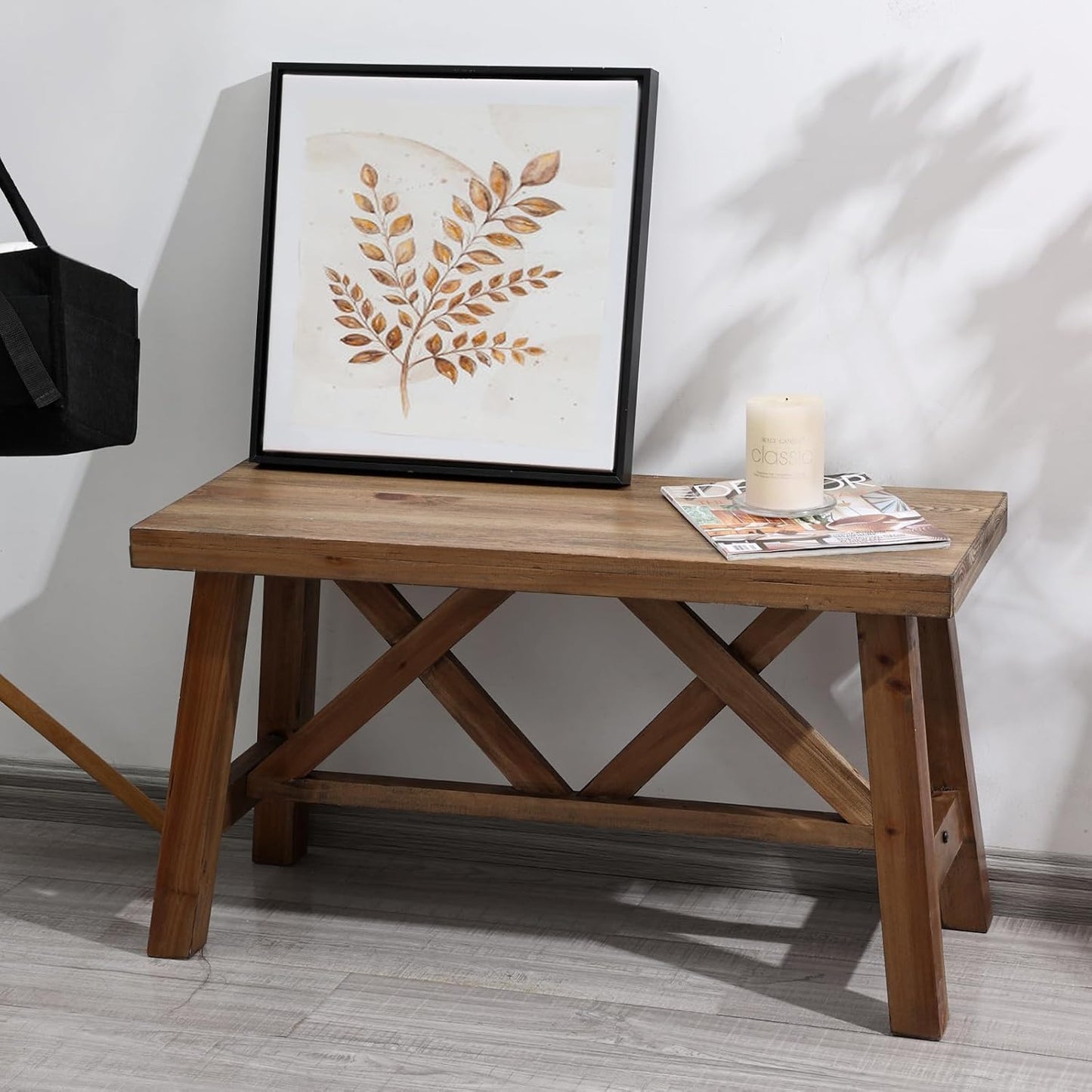 Wnutrees 30" Farmhouse Wood Bench, Rustic Solid Wood Entryway Bench Seat with Double X-Structure for Dining Room, Living Room, Hallway, Structural Stability, Natural