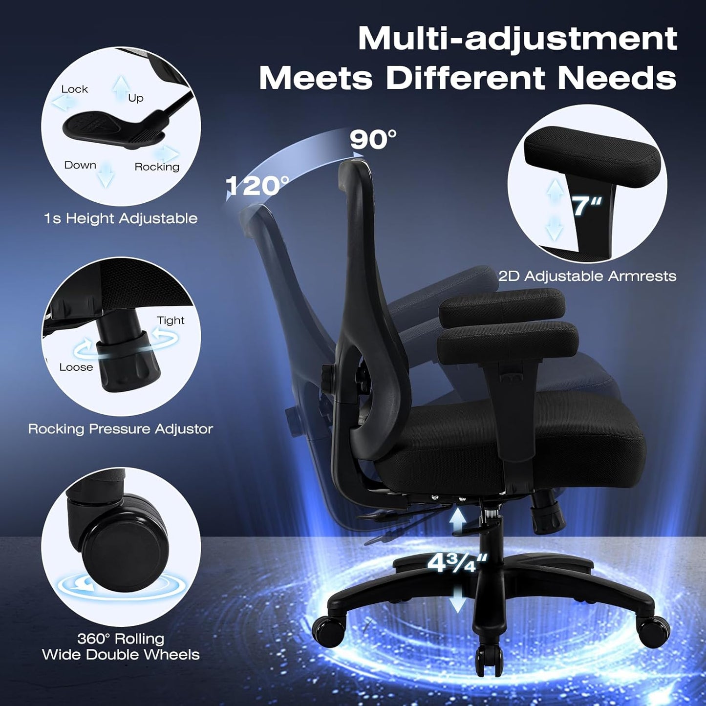 Big and Wide Office Chair 500lbs，Ergonomic Desk Chair with 4 Way Adjustable Lumbar Support, Thicker Seat Cushion, 2D Armrest, Rocking Function, Stable Comfy Computer Mesh Chairs, Black