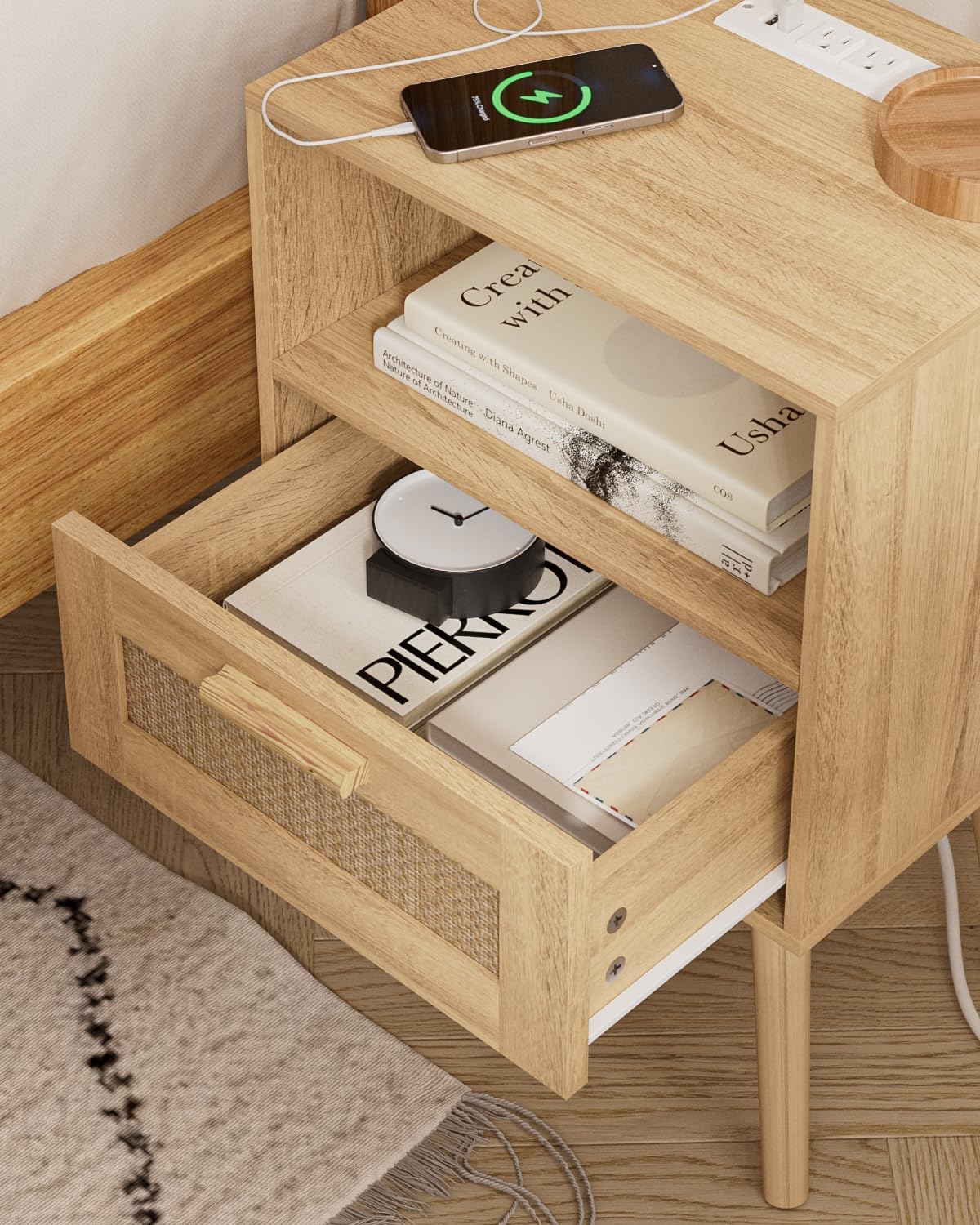 Rattan Nightstand with Charging Station, Small Night Stand, Side Table with Drawer Open Shelf, Cane Accent Bedside End Table with Wood Legs, Modern Nightstand for Bedroom, Oak (Modern)