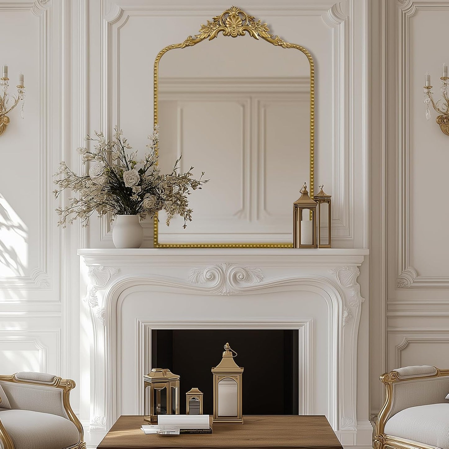 G-LEAF Vintage Baroque Full Length Floor Mirror 30"X48", Victorian Antique Mirror with Black Brush Gold Ornate Metal Frame for Fireplace Entryway Living Room Hallway Bathroom