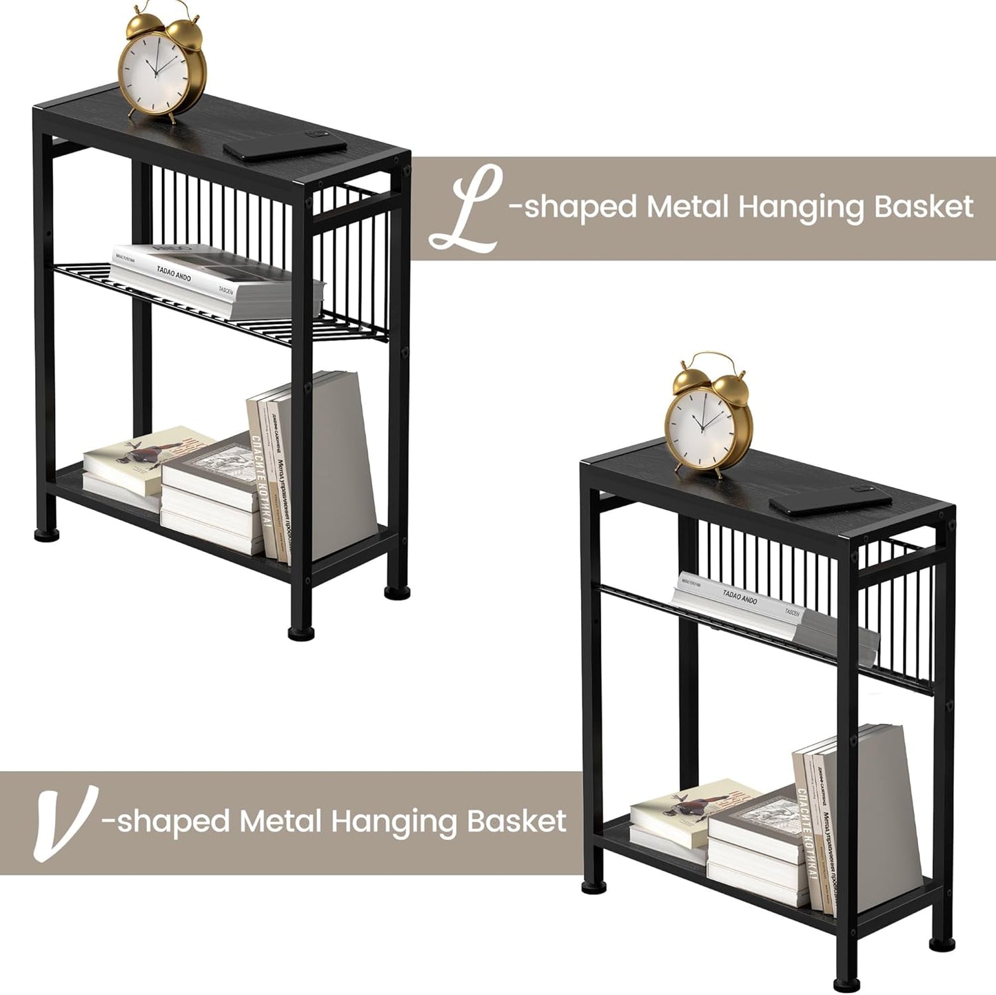 End Table Set of 2 for Small Space, 3-Tier Narrow Side Table with Magazine Holder,Slim Nightstand, Skinny Snack Couch Table in Living Room, Bedroom Study and Balcony (Black)