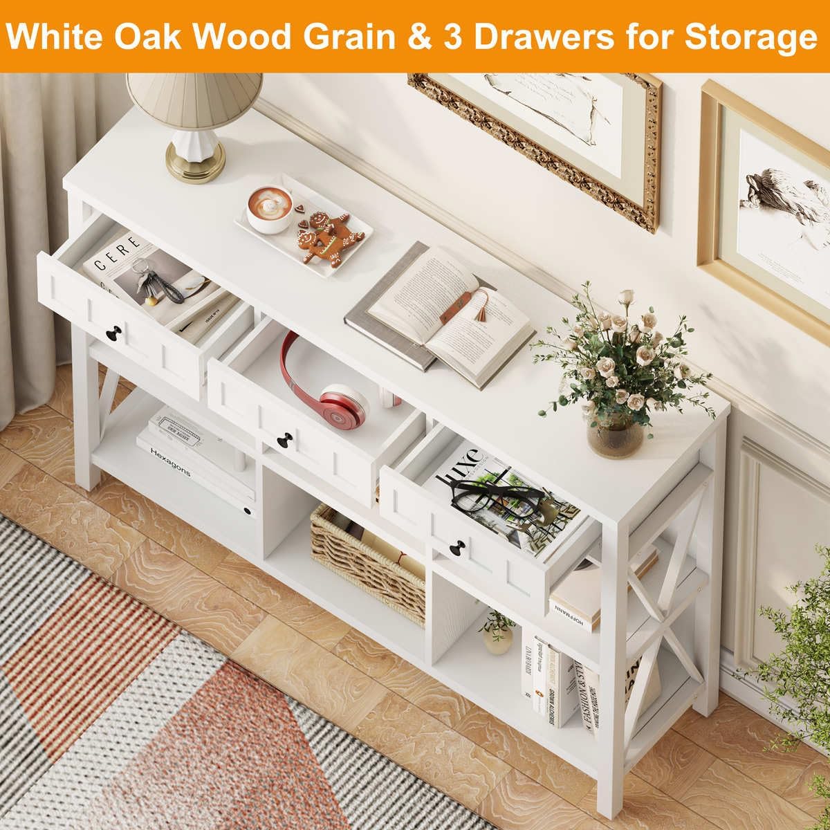 FATORRI 6 Cube Storage Bookshelf with 3 Drawers, Long Horizontal Bookcase, Modern Cubby Organizer Shelf (White Oak, 47 Inch)